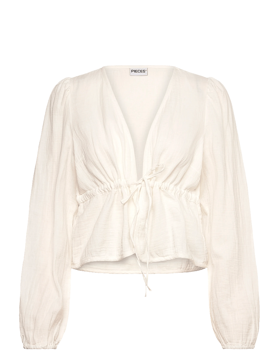 Pieces - PCSASTINA LS V-NECK TIE TOP WVN MSA BC - pikkade varrukatega pluusid - cloud dancer - 0