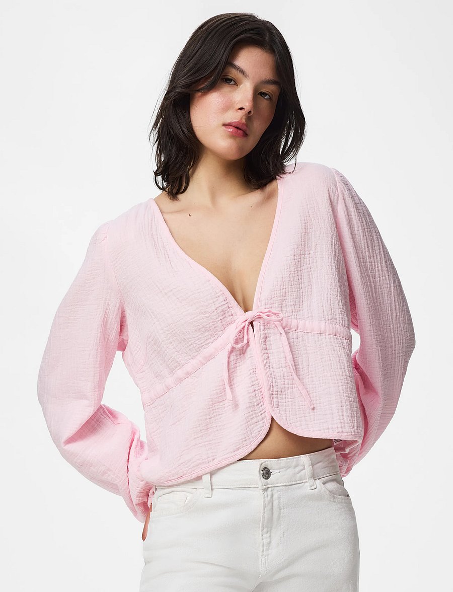 Pieces - PCSASTINA LS V-NECK TIE TOP WVN MSA BC - pikkade varrukatega pluusid - cradle pink - 0