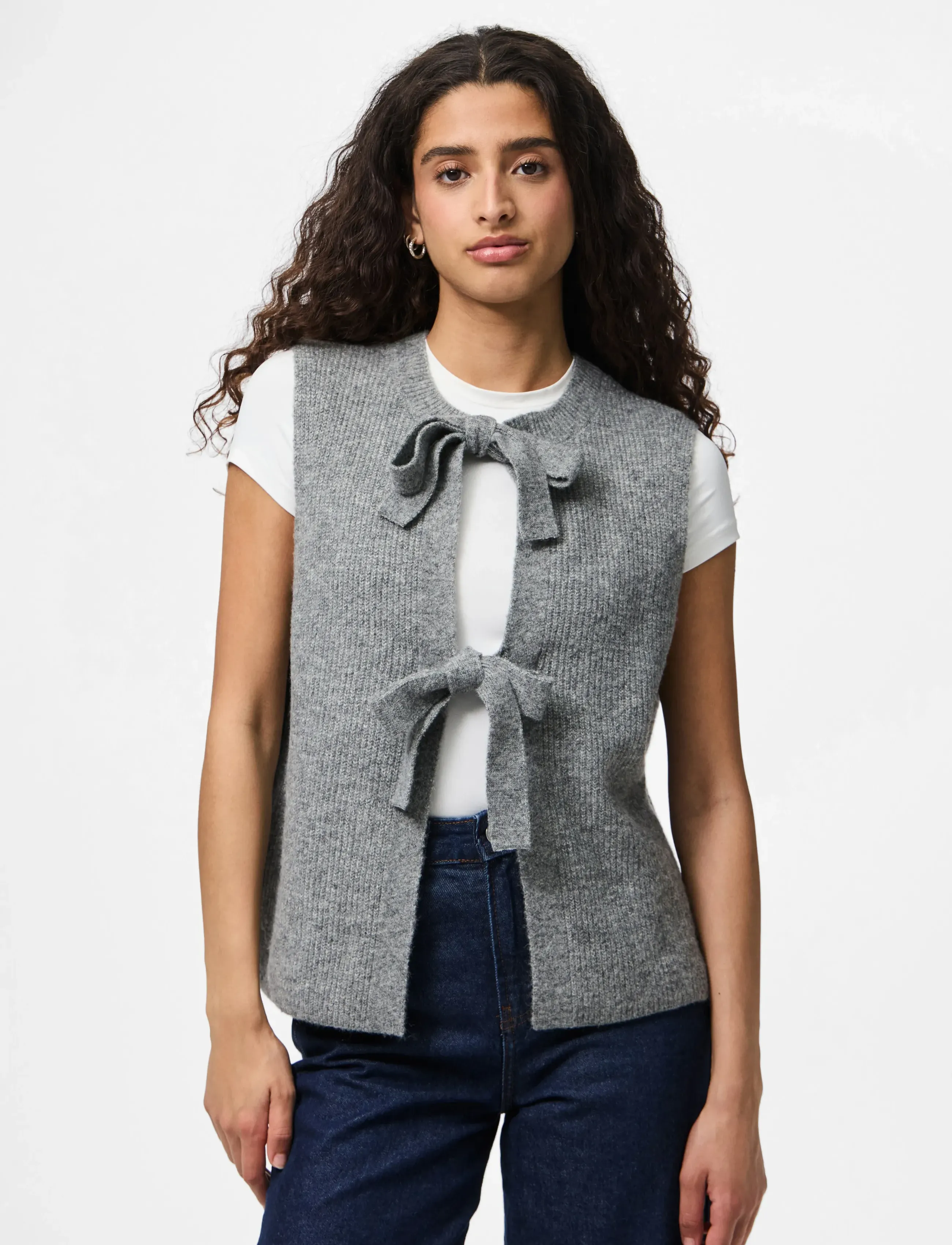 Pieces PCSILLY SL REV TIE VEST KNIT NOOS BC - Stickat - MEDIUM GREY MELANGE / grey