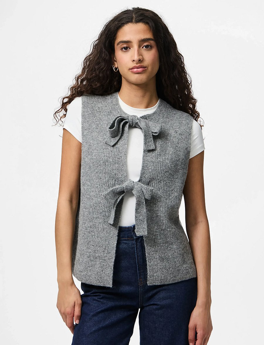 Pieces - PCSILLY SL REV TIE VEST KNIT NOOS BC - kootud vestid - medium grey melange - 0