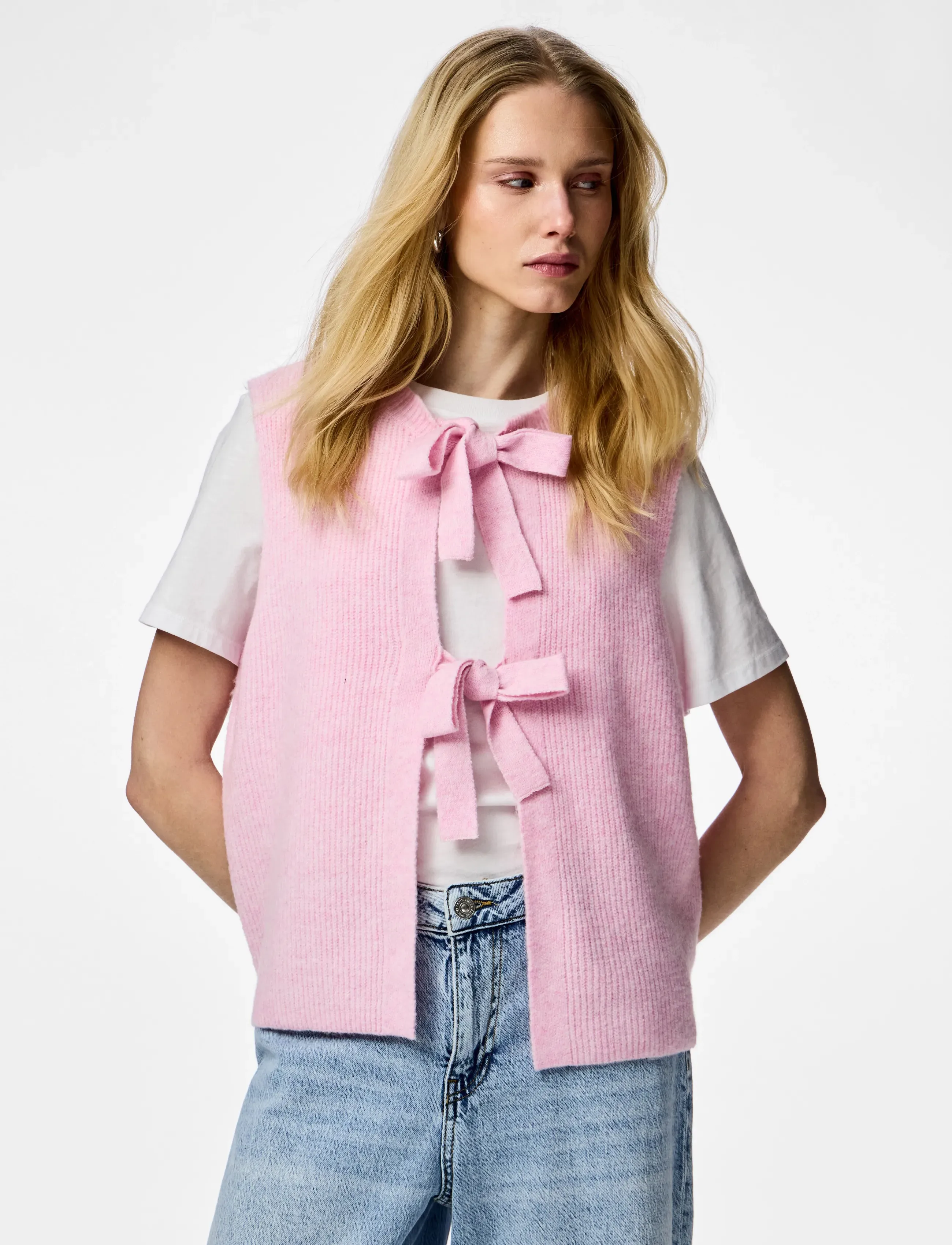 Pieces Pcsilly Sl Rev Tie Vest Knit Noos Bc, M, Pink, Veste > Strikkede Veste, Dame