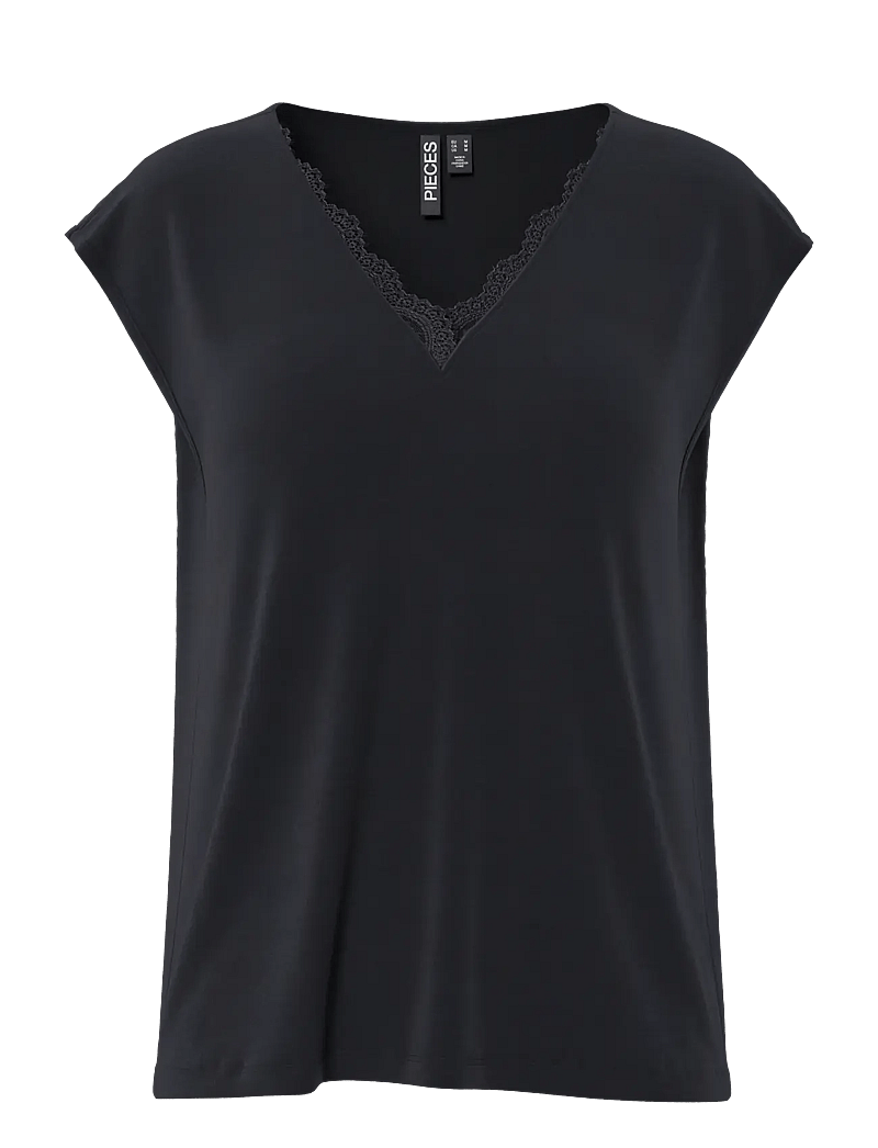 Pieces - PCKAMALA LACE V-NECK TEE JRS NOOS BC - t-shirts - black - 1