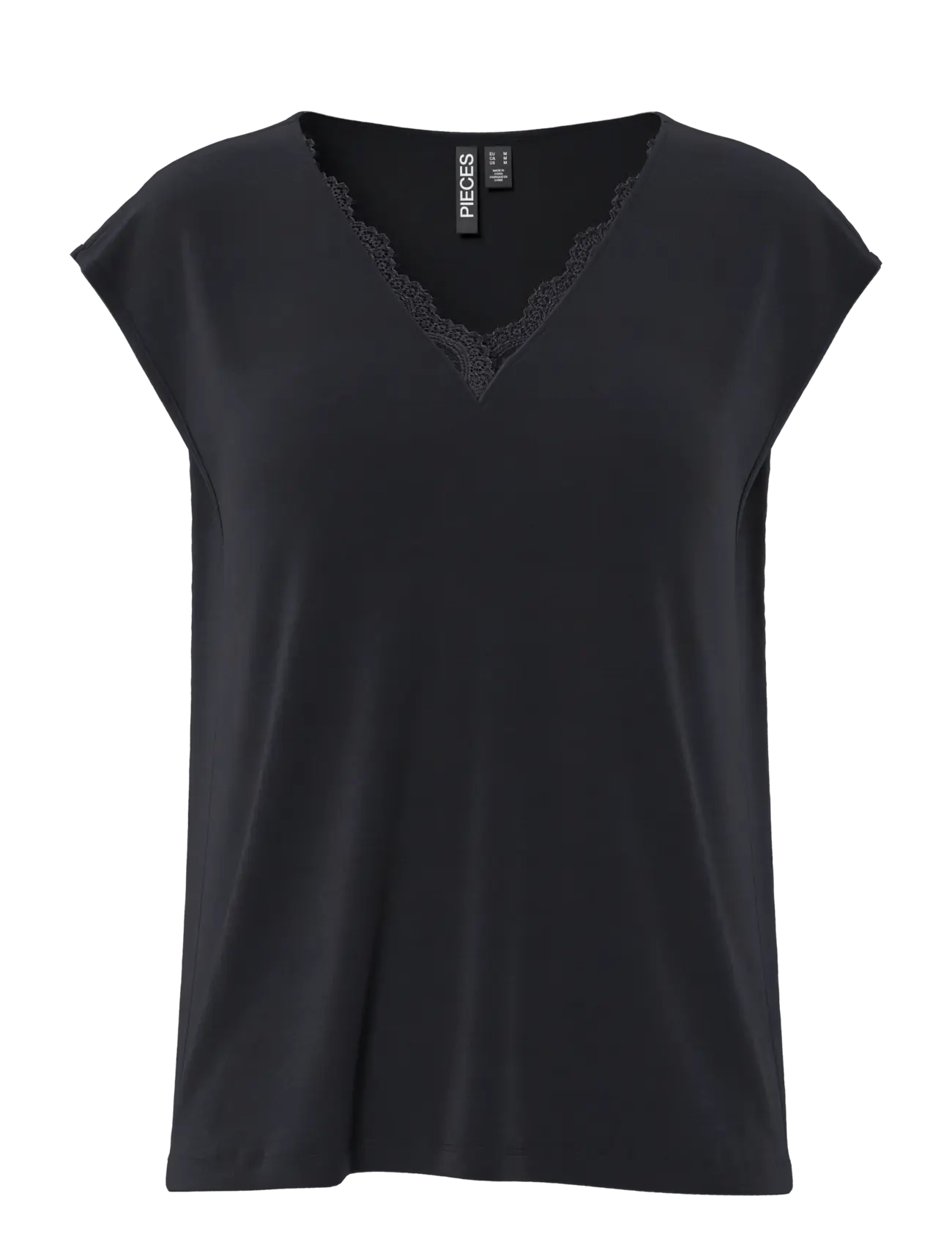 Pieces - PCKAMALA LACE V-NECK TEE JRS NOOS BC - t-shirts - black - 1