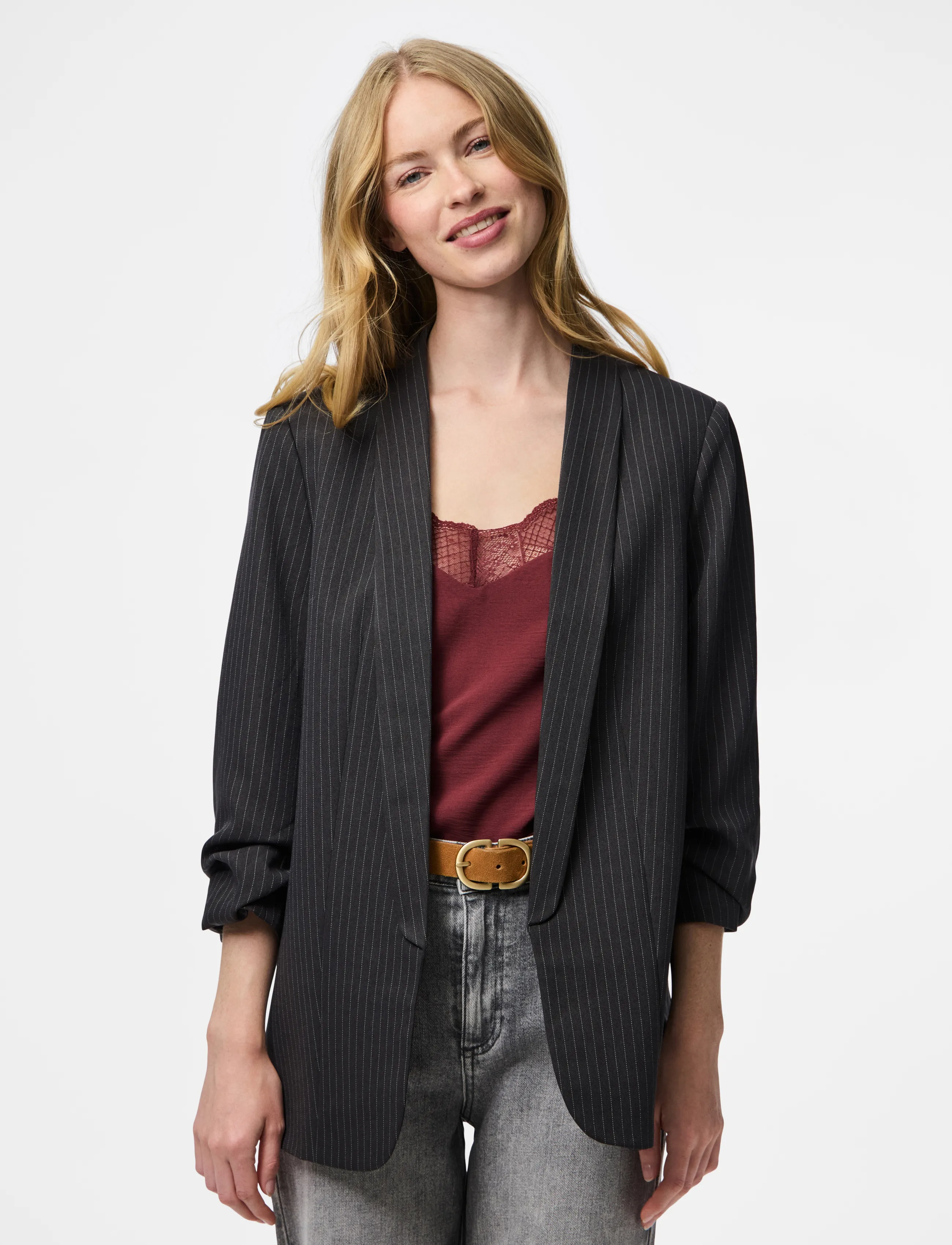 Pieces Pcbosella 3/4 Pinstripe Blazer Noos Bc, M, Black, Blazere > Enkeltradede Blazere, Dame