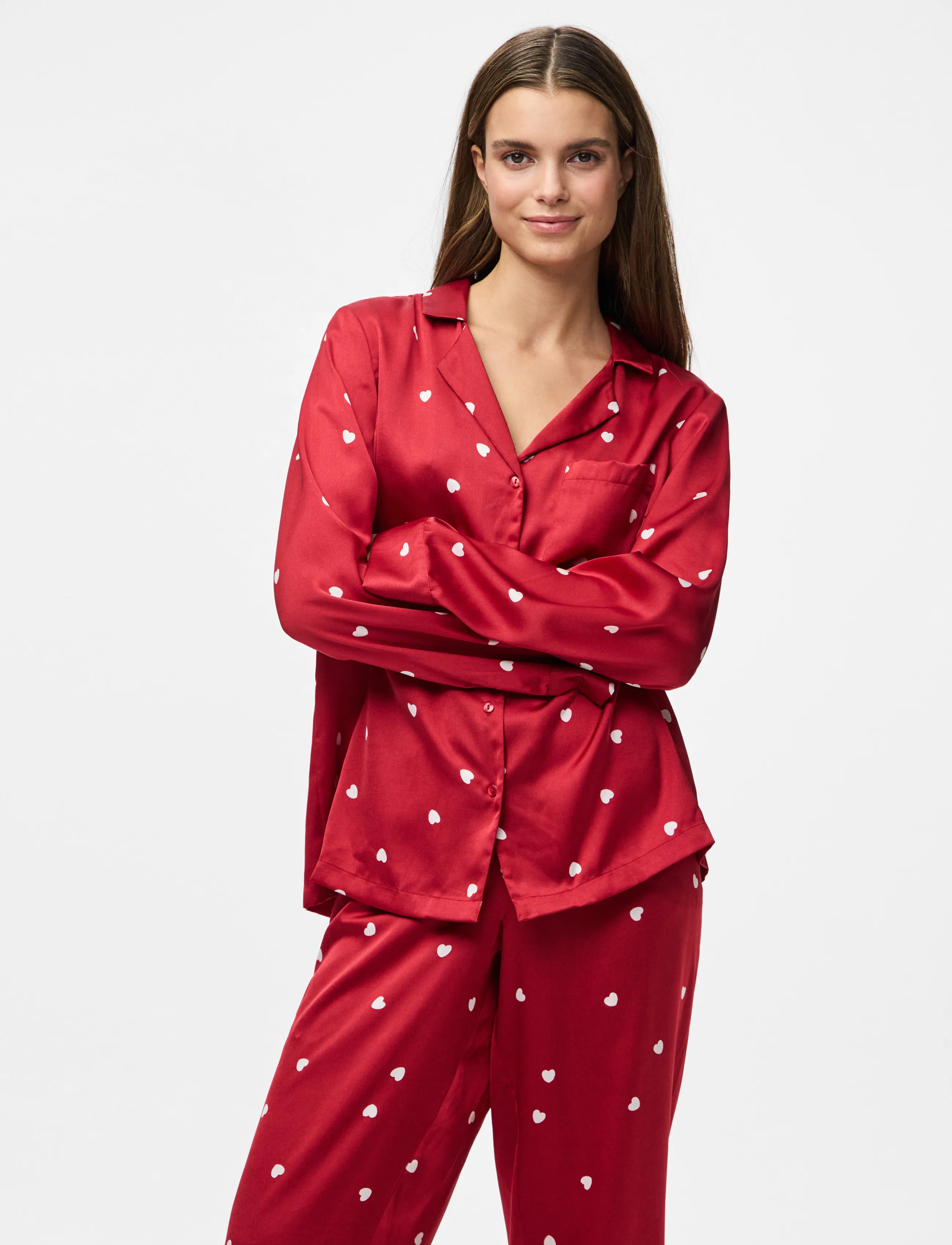 Pieces Pcjytte Satin Night Set Wvn, Kvinder, Satin Hjerteprint Pyjamas Sæt, Rød, Str: XS