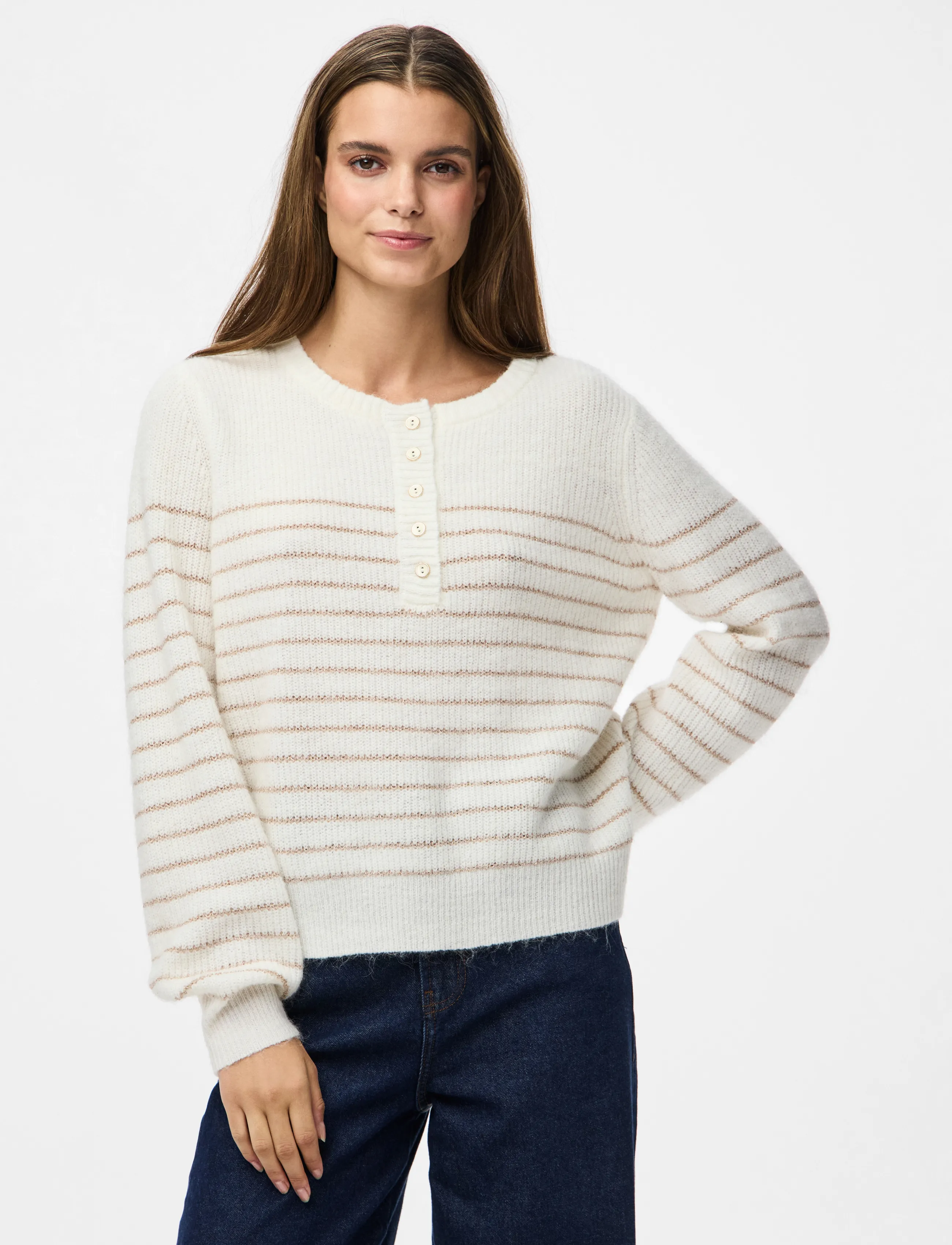 Pieces Pcjibe Ls O-Neck Knit Fc, Kvinder, Stribet Henley Striktrøje, Cream, Str: L