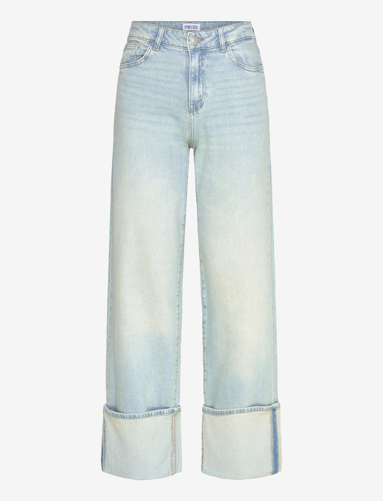 Pieces - PCSILKE MW FOLD UP DENIM JEANS - brede jeans - light blue denim - 1