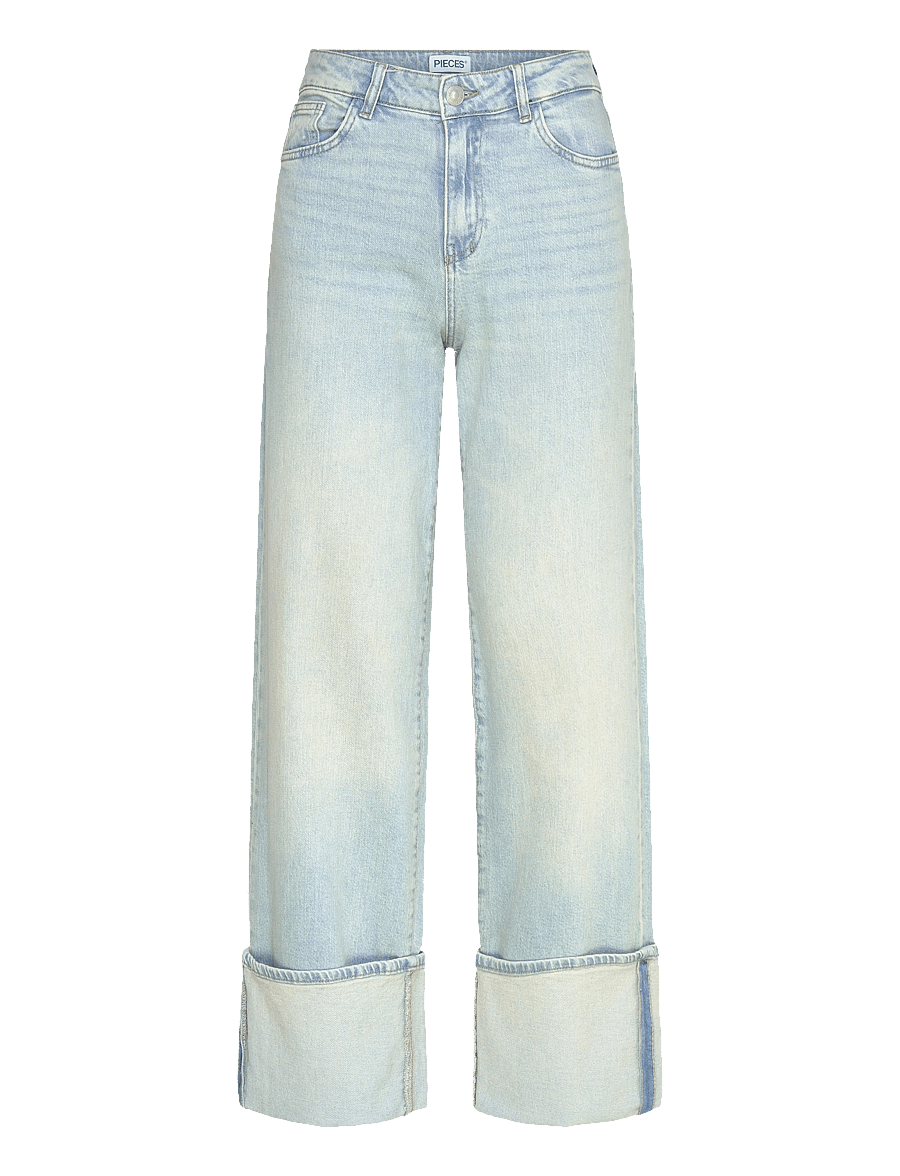 Pieces - PCSILKE MW FOLD UP DENIM JEANS - hosen mit weitem bein - light blue denim - 1
