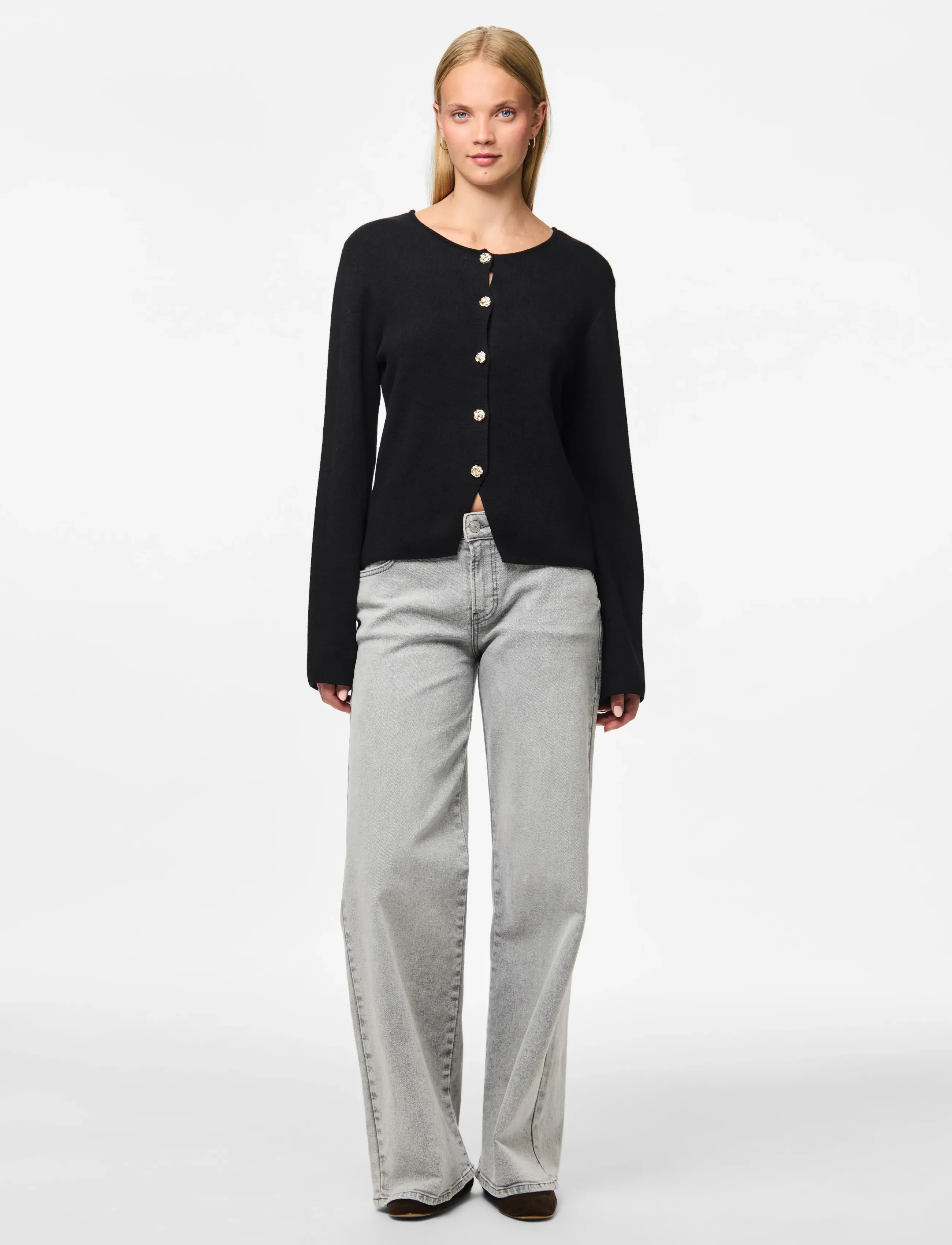 Pieces - PCFARIE LS O-NECK SPLIT KNIT D2D FSY - cardigans - black - 5