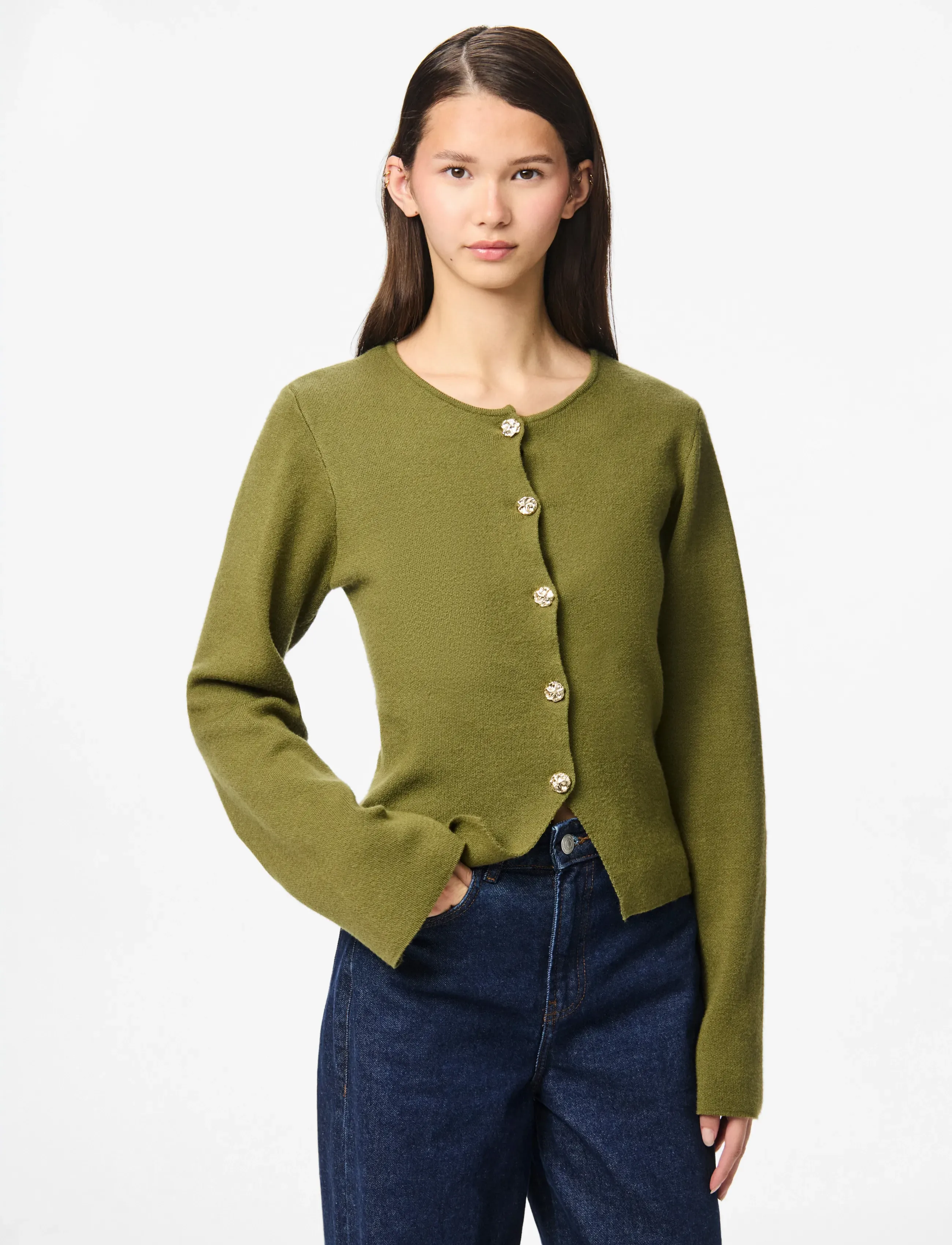 Pieces Pcfarie Ls O-Neck Split Knit D2D Fsy, Kvinder, Strikcardigan, Kakigrøn, Str: XS