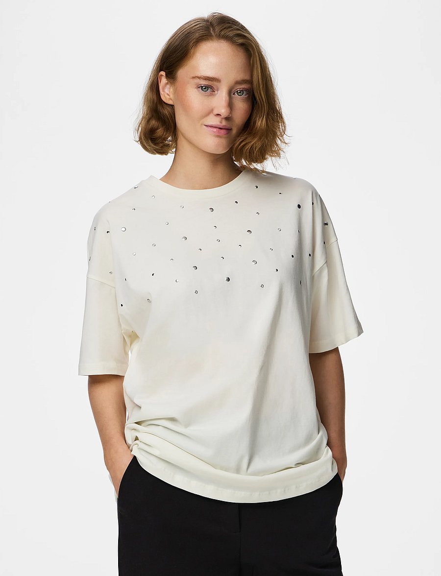 Pieces - PCSKYLAR SS OS DETAIL TEE FSY PP BC - t-shirts - cloud dancer - 0