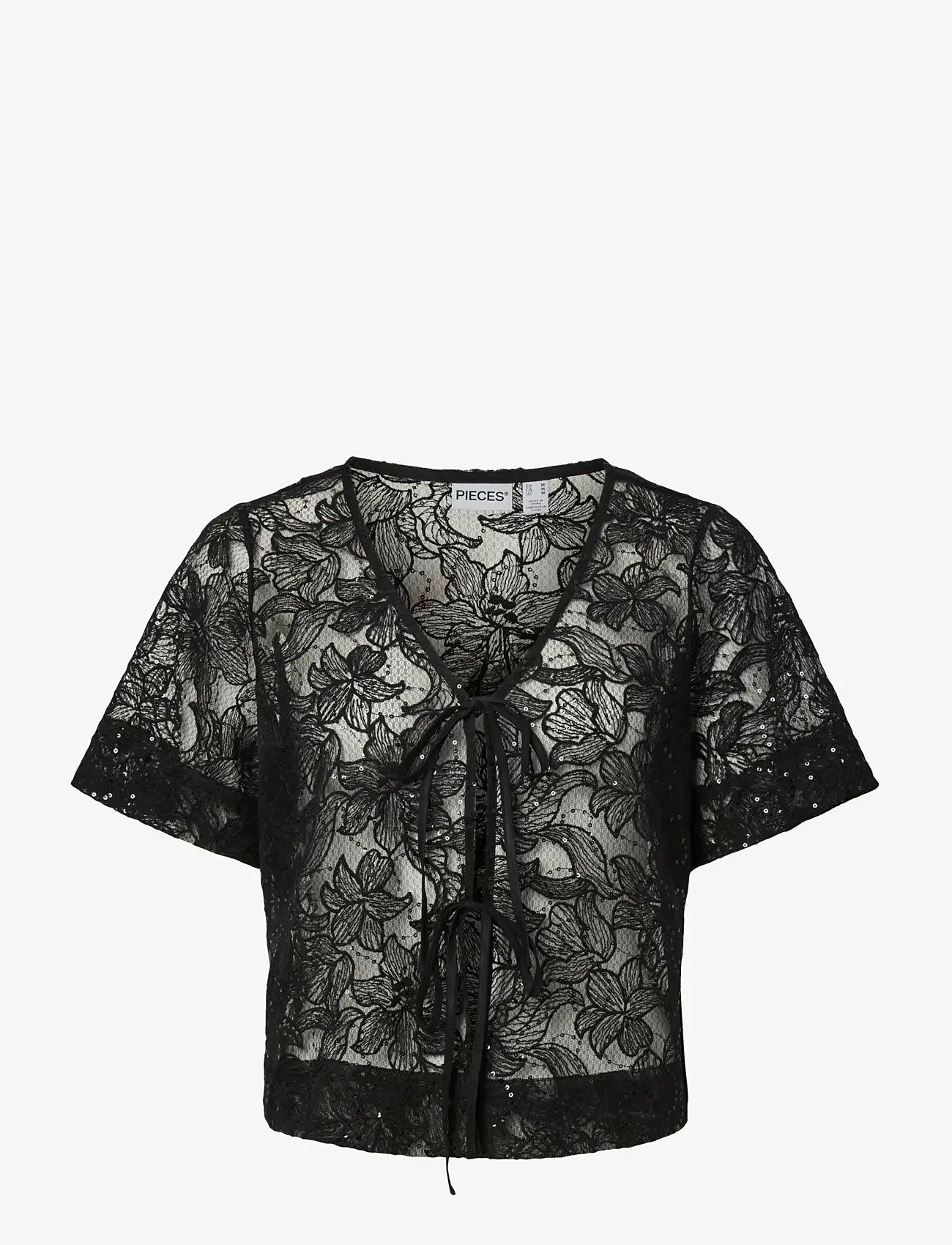Pieces - PCLOUISE 2/4 V-NECK TIE TOP WVN D2D - kortermede bluser - black - 1