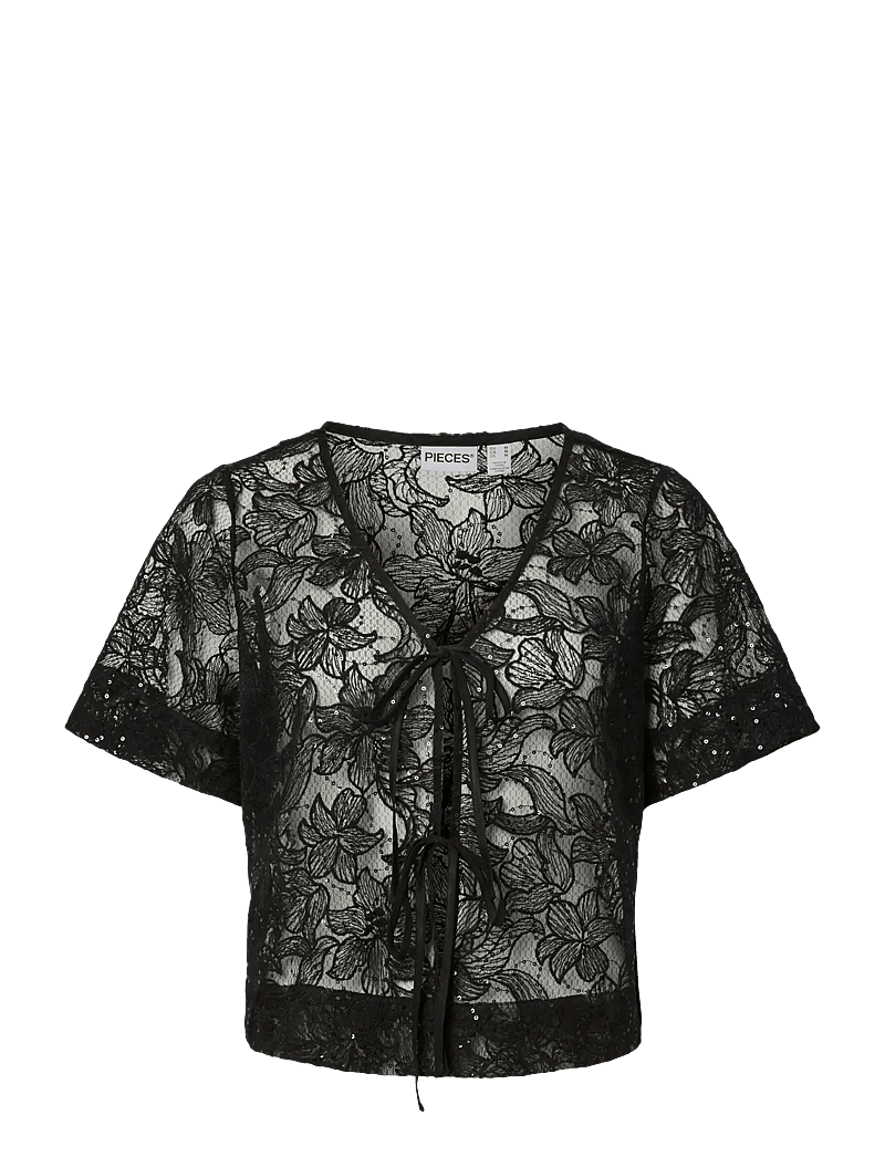 Pieces - PCLOUISE 2/4 V-NECK TIE TOP WVN D2D - kortermede bluser - black - 1