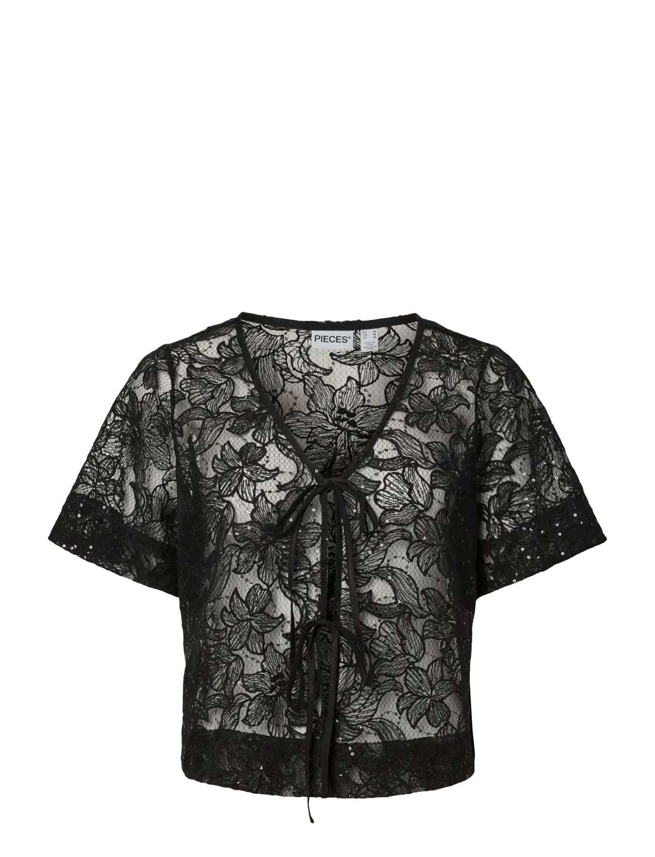 Pieces PCLOUISE 2/4 V-NECK TIE TOP WVN D2D - Kortærmede bluser - BLACK / black
