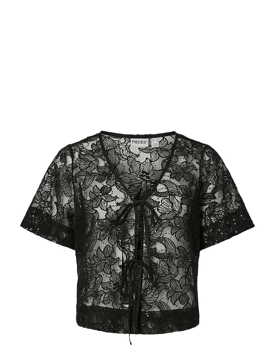 Pieces - PCLOUISE 2/4 V-NECK TIE TOP WVN D2D - bluzki z krótkim rękawem - black - 1