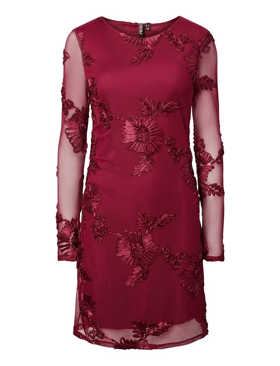 Pieces - PCOFFIA LS O-NECK SHORT DRESS JRS D2D - spitzenkleider - beet red - 1
