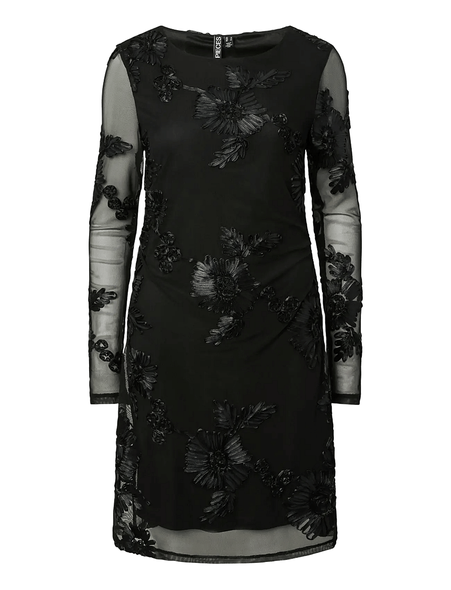 Pieces - PCOFFIA LS O-NECK SHORT DRESS JRS D2D - spitzenkleider - black - 1
