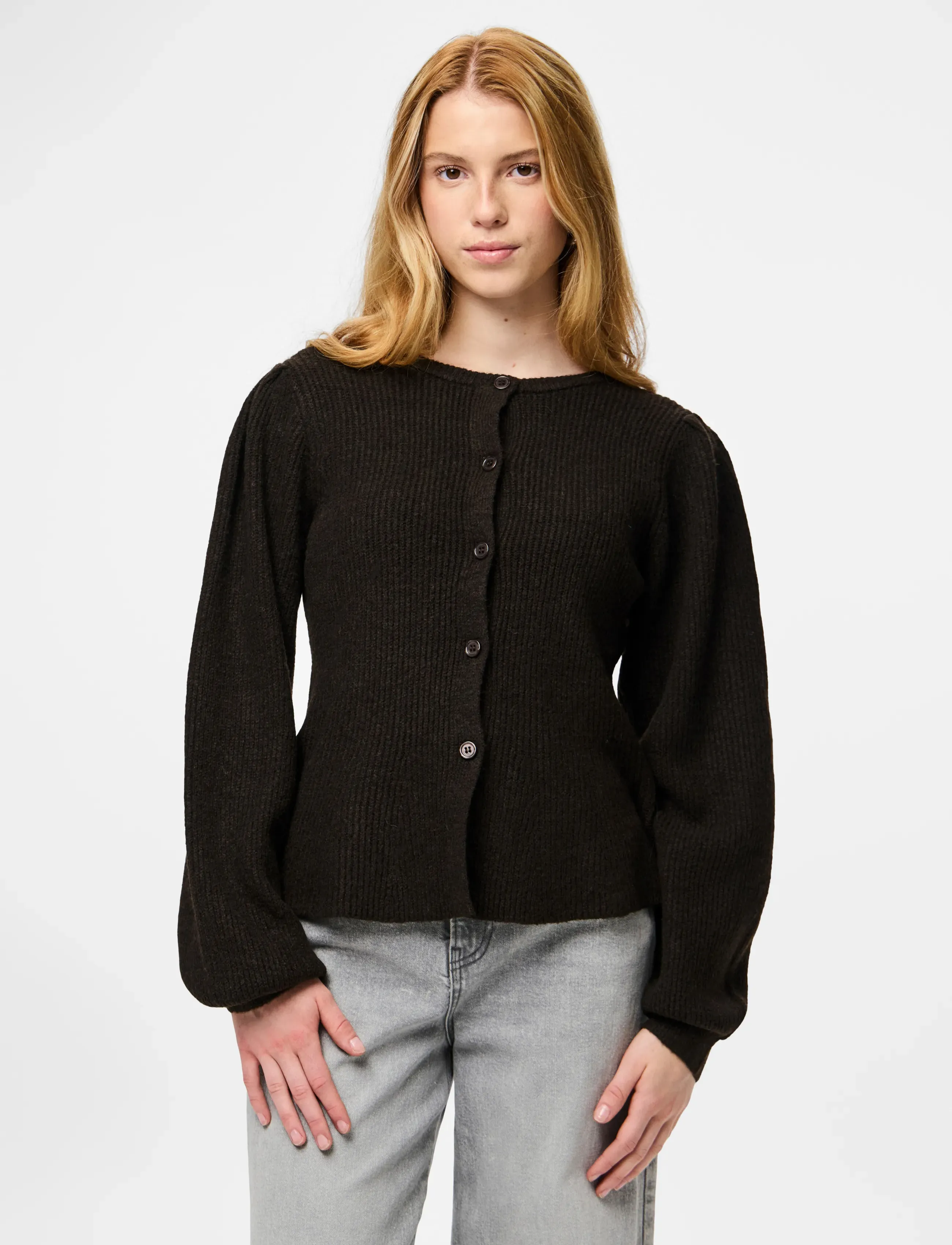 Pieces Pcsilly Ls Puff Knit Cardigan Noos Bc, L, Brown, Strik > Cardigans, Dame