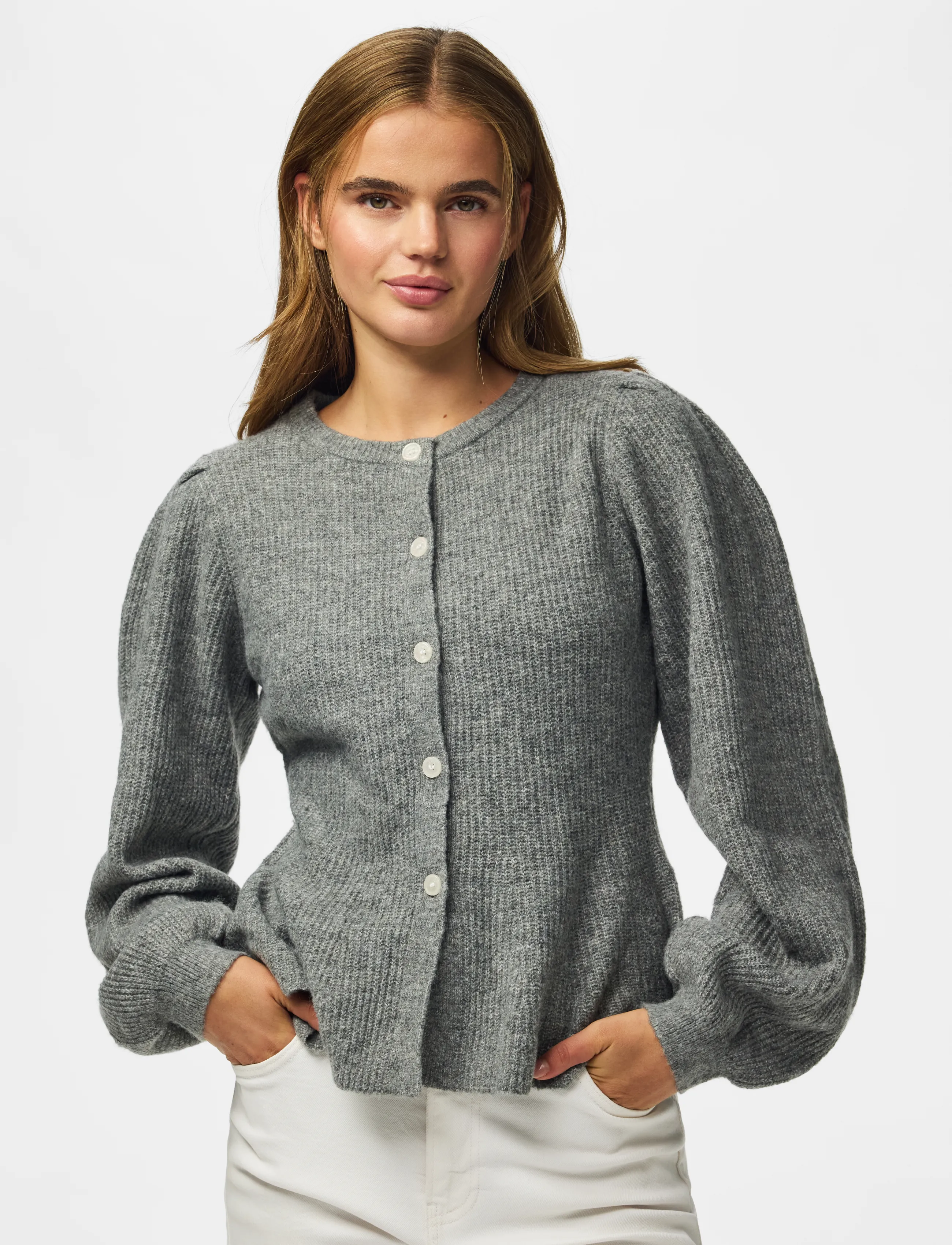 Pieces Pcsilly Ls Puff Knit Cardigan Noos Bc, Kvinder, Pufærmet Peplum Strikcardigan, Grå, Str: S