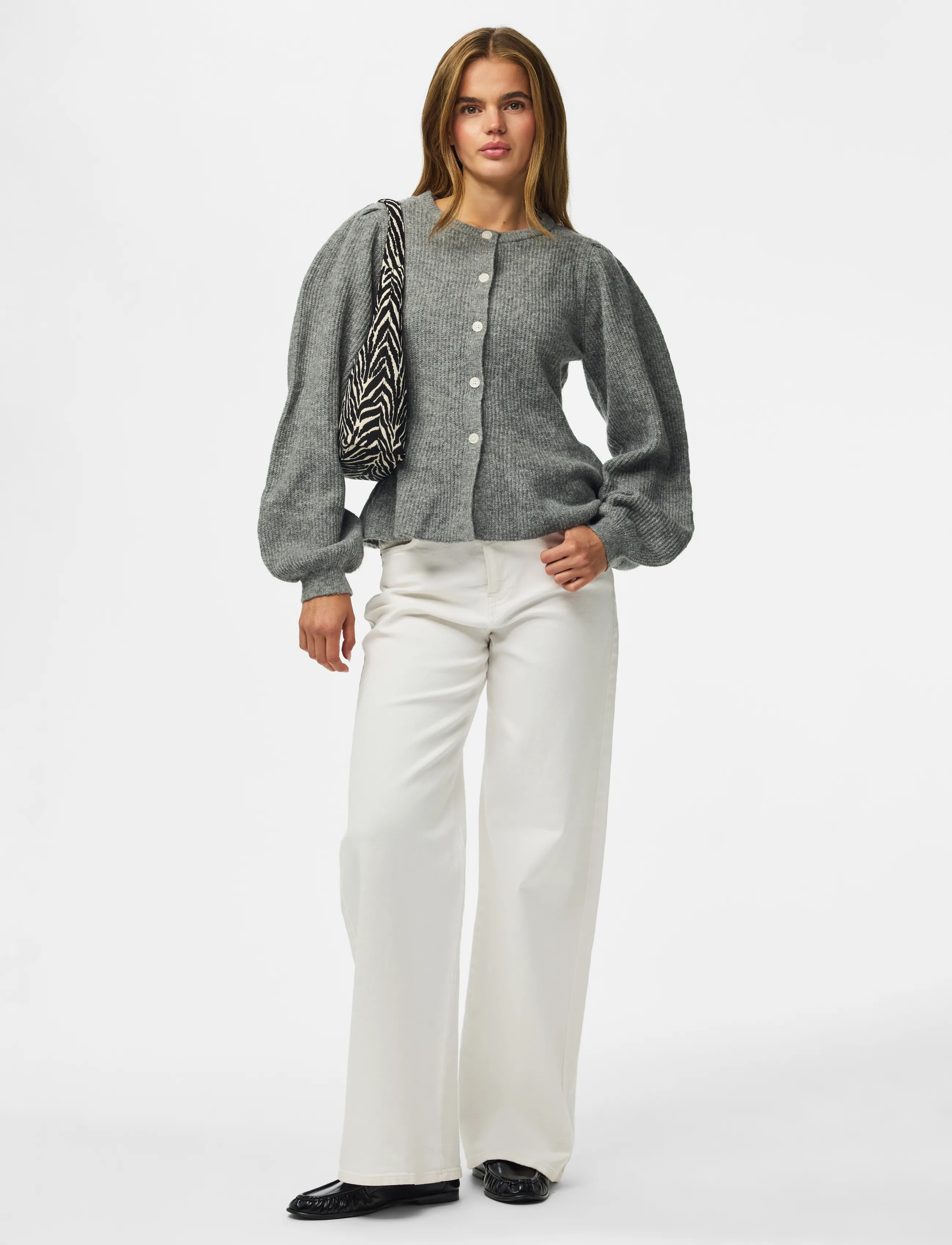 Pieces - PCSILLY LS PUFF KNIT CARDIGAN NOOS BC - koftor - medium grey melange - 4