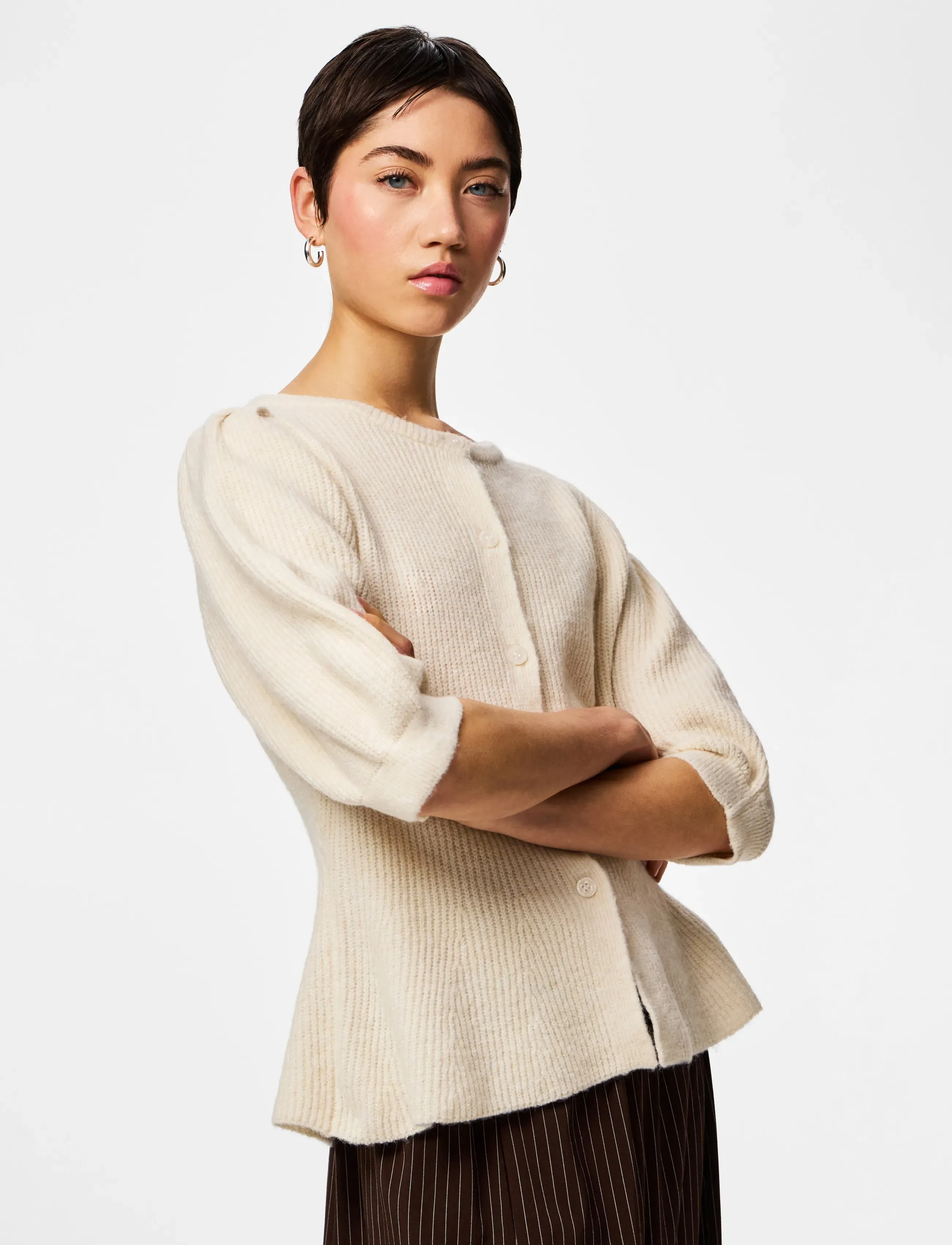 Pieces Pcsilly Ss Puff Knit Cardigan Noos Bc, L, Cream, Strik > Cardigans, Dame