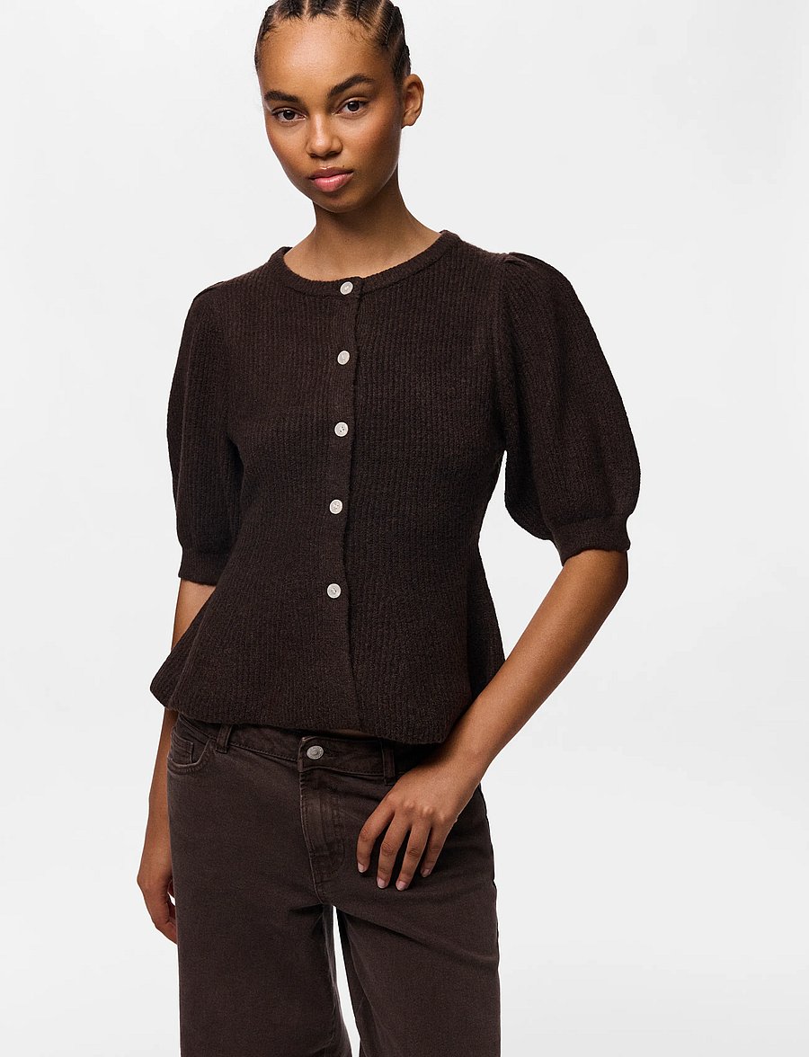 Pieces - PCSILLY SS PUFF KNIT CARDIGAN NOOS BC - koftor - hot fudge - 4