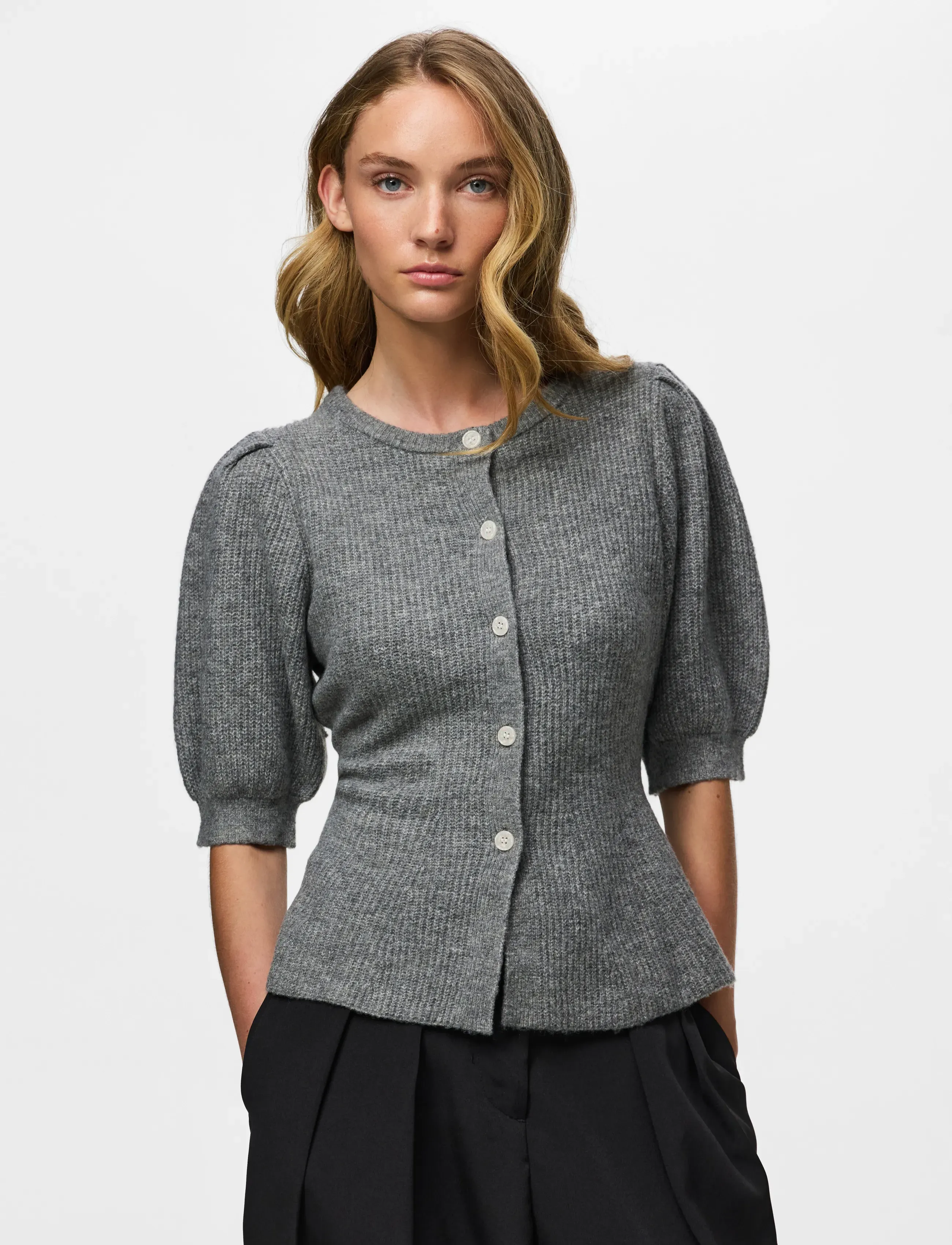 Pieces Pcsilly Ss Puff Knit Cardigan Noos Bc, L, Grey, Strik > Cardigans, Dame