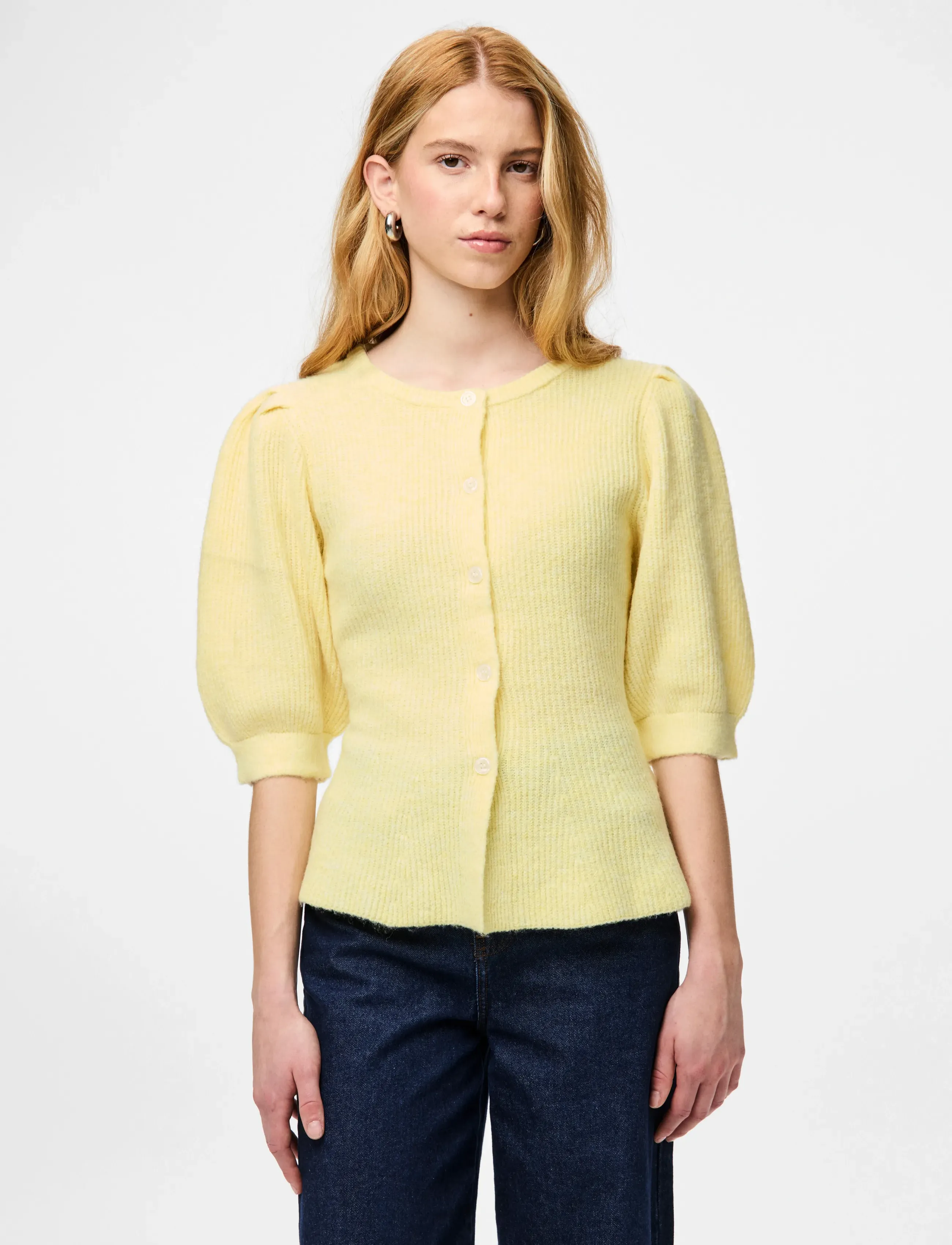 Pieces Pcsilly Ss Puff Knit Cardigan Noos Bc, XXL, Yellow, Strik > Cardigans, Dame