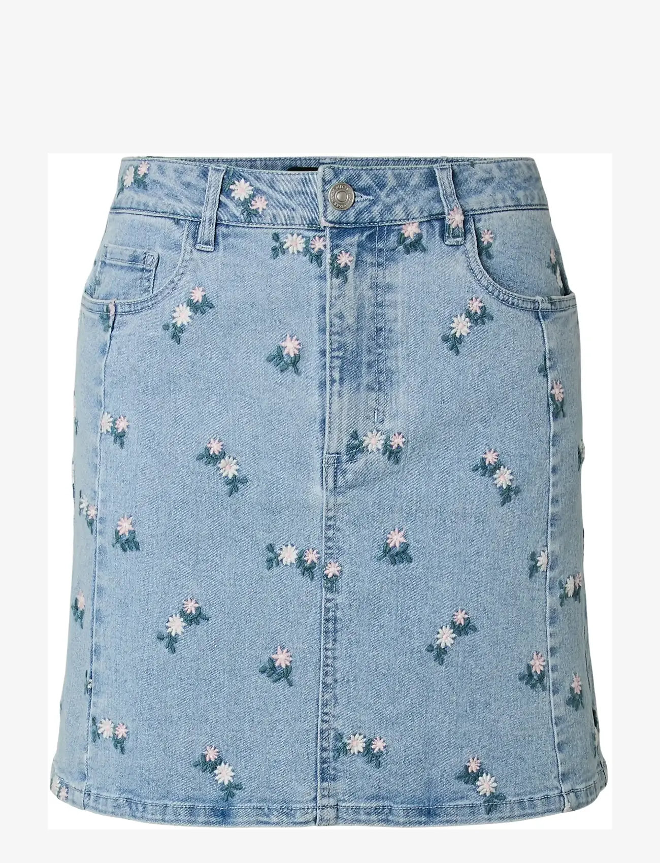 Pieces - PCFLORA HW SHORT DENIM EMB SKIRT NOOS - denimnederdele - light blue denim - 1