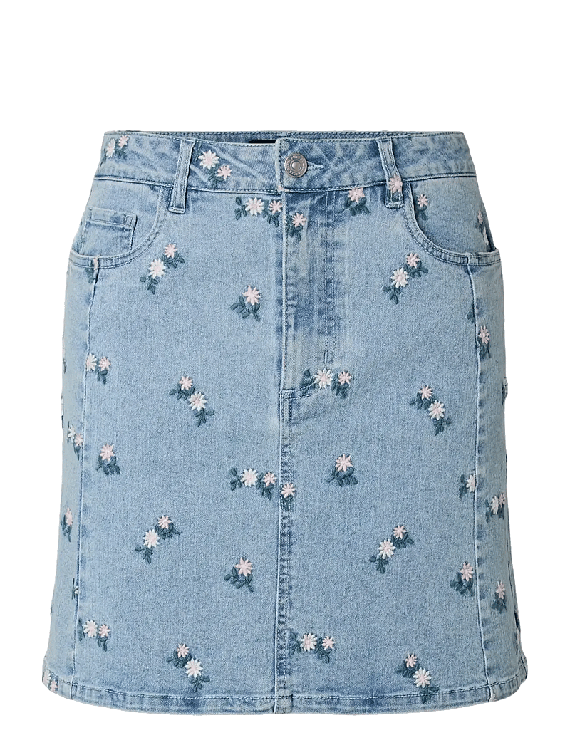 Pieces - PCFLORA HW SHORT DENIM EMB SKIRT NOOS - denimnederdele - light blue denim - 1