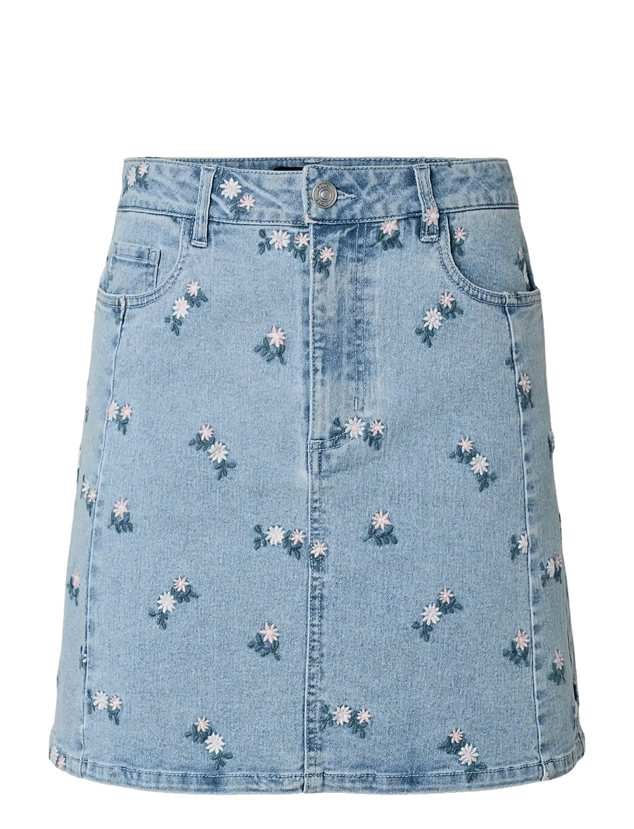 Pieces - PCFLORA HW SHORT DENIM EMB SKIRT NOOS - jeansröcke - light blue denim - 1
