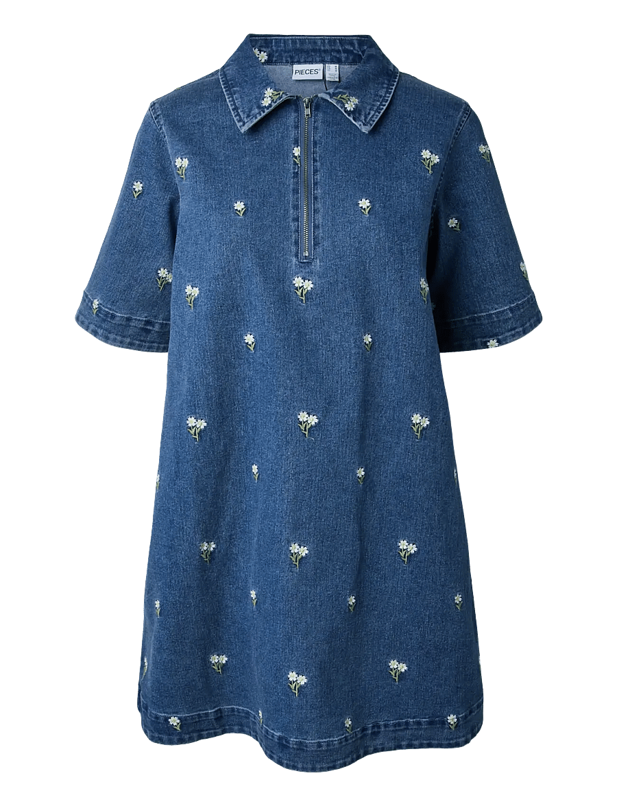 Pieces - PCFLORA SS DENIM EMB DRESS - jeansklänningar - medium blue denim - 1