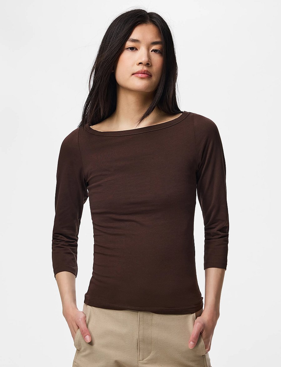 Pieces - PCPHOEBE 3/4 BOATNECK TOP JRS NOOS BC - pikkade varrukatega topid - hot fudge - 0