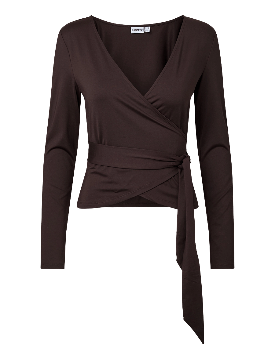 Pieces - PCESTER LS WRAP TOP MWA JRS - långärmade blusar - chocolate plum - 1