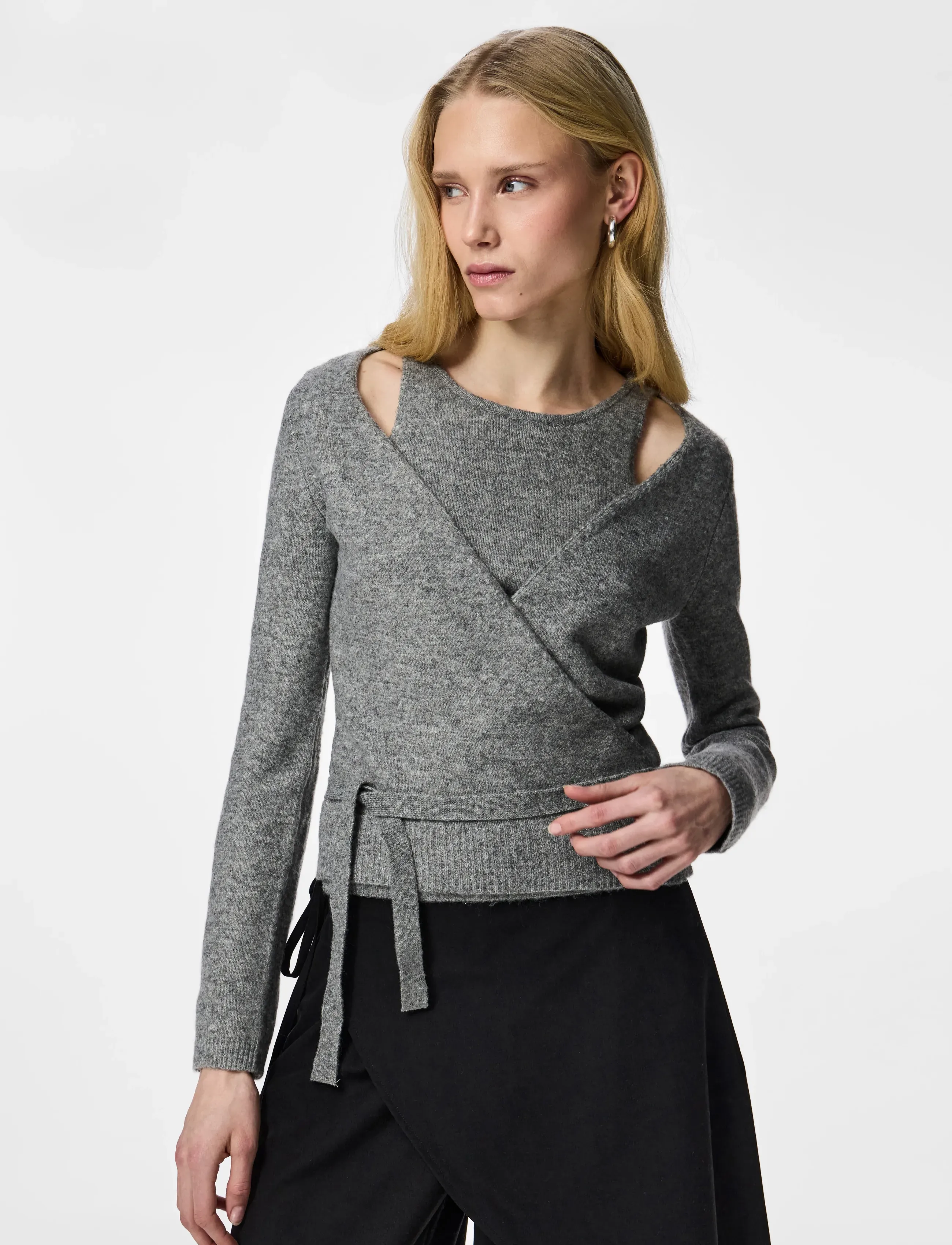 Pieces Pcmaji Ls O-Neck Wrap Knit D2D, XL, Grey, Strik > Trøjer, Dame