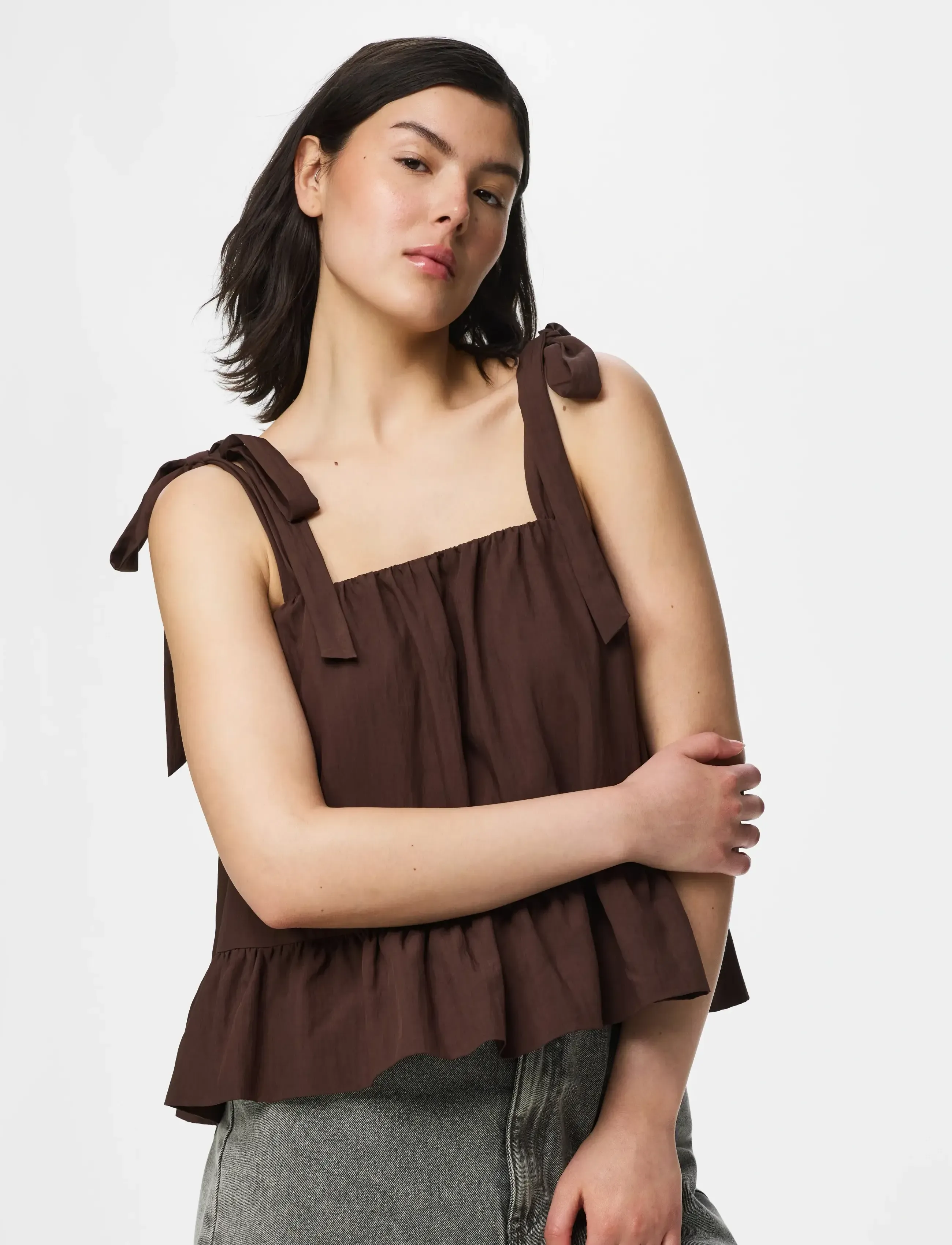Pieces Pcjulia Sl Peplum Top Wvn D2D, L, Brown, Bluser > Uden Ærmer, Dame