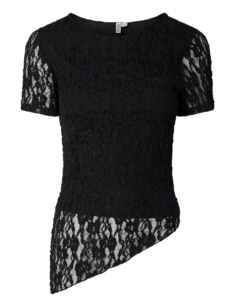 Pieces - PCARIANA SS ASYMMETRIC LACE TOP D2D - t-shirts - black - 0
