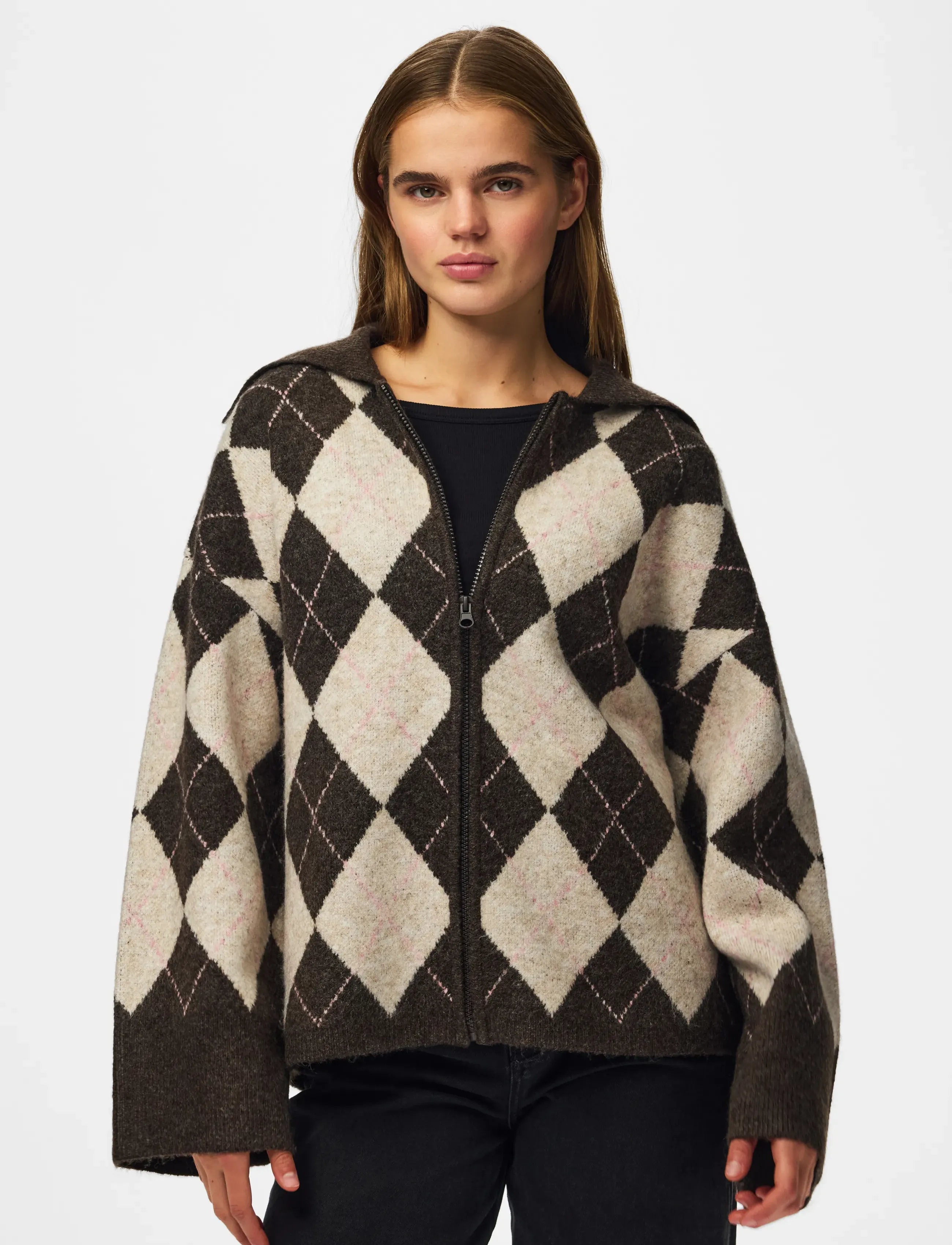 Pieces - PCALVA LS LOOSE CHECK KNIT CARDIGAN - hot fudge - 0