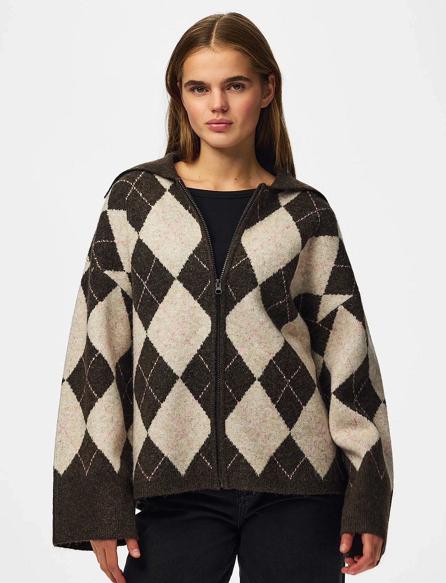 Pieces - PCALVA LS LOOSE CHECK KNIT CARDIGAN - koftor - hot fudge - 0