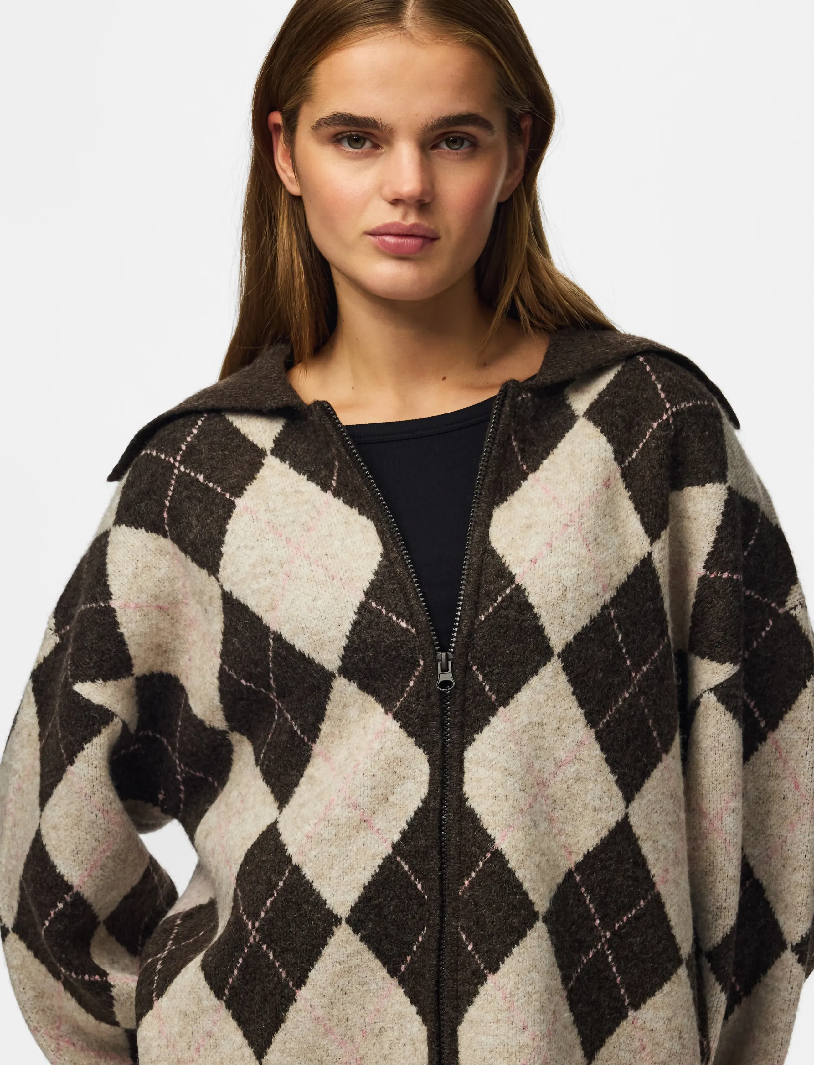 Pieces PCALVA LS LOOSE CHECK KNIT CARDIGAN - Fødselsdag - HOT FUDGE / brown