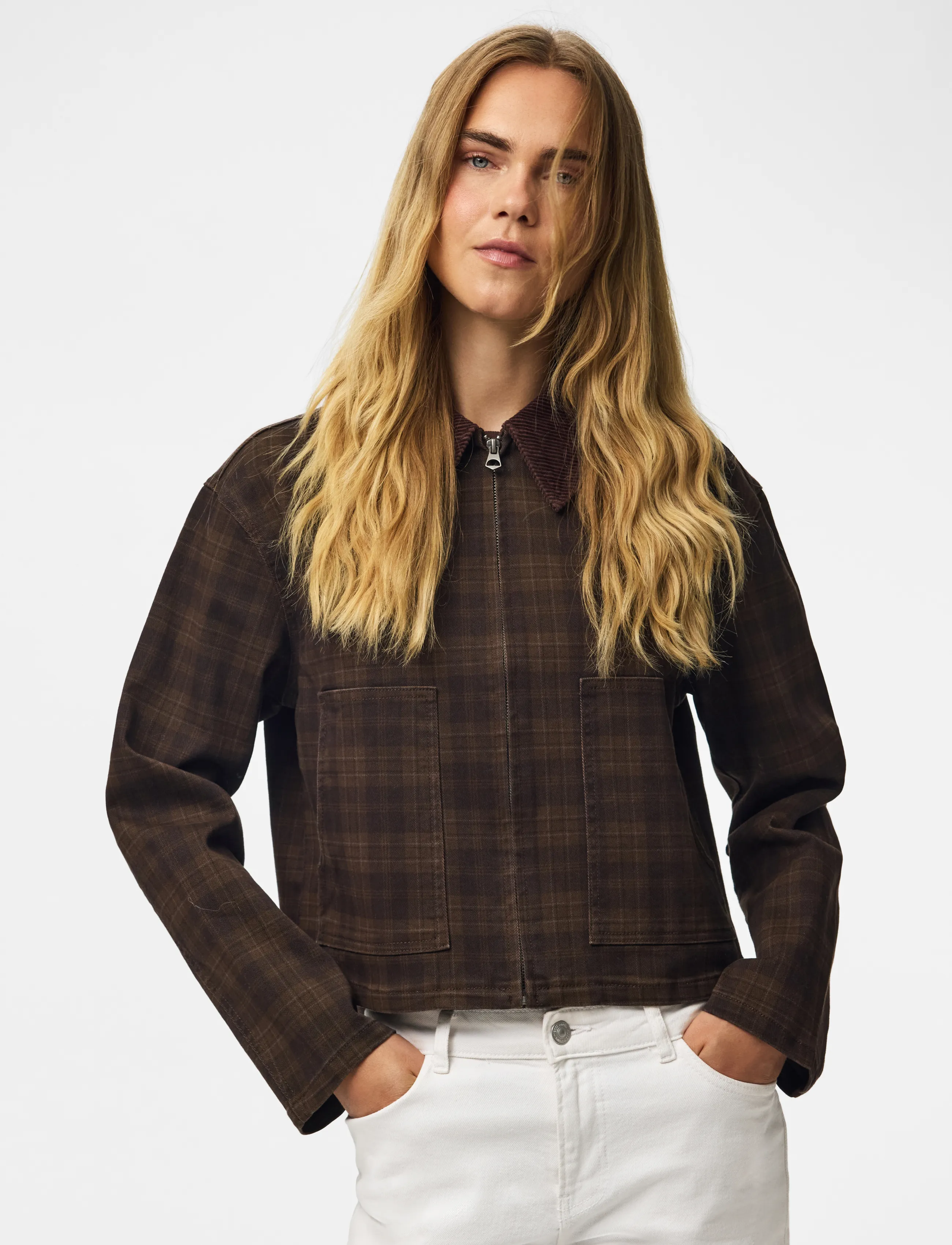Pieces PCVERA SHORT CHECK JACKET DNM - Pieces - MULCH / brown