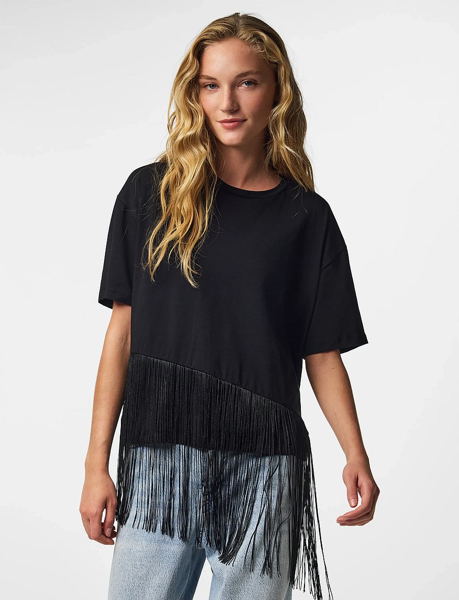 Pieces - PCOLLIE SS O-NECK FRILLS T-SHIRT JRS D2D - t-shirts - black - 0