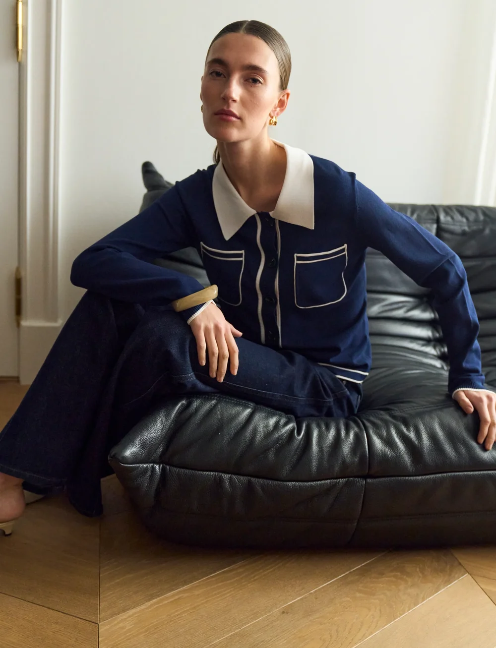 Pieszak - PD-Vigga LS Contrast Polo Knit - cardigans - midnight navy - 4