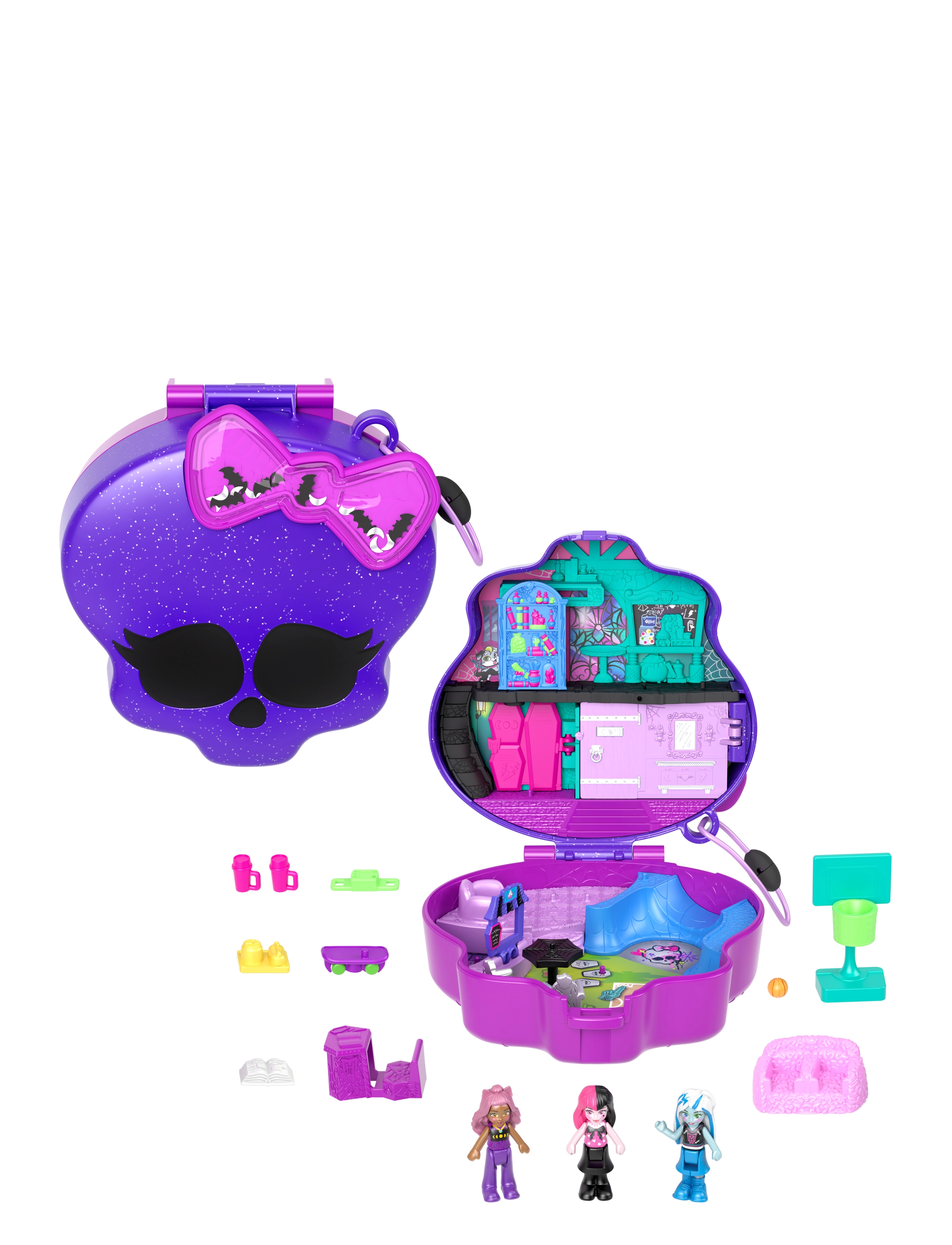 Polly Pocket Monster High Compact With 3 Micro Dolls & 10 Accessories, Opens To School, One Size, Playsets Action Figures, Mehrfarbig/gemustert - Play