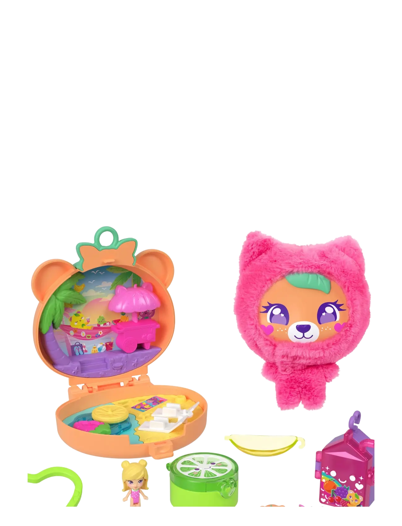 Polly Pocket Plushie Bear Compact, Doll & Keychain Playset With Pets, Fruit Themed Accessories, Børn, Play Sæt, Pink, Str: ONE SIZE