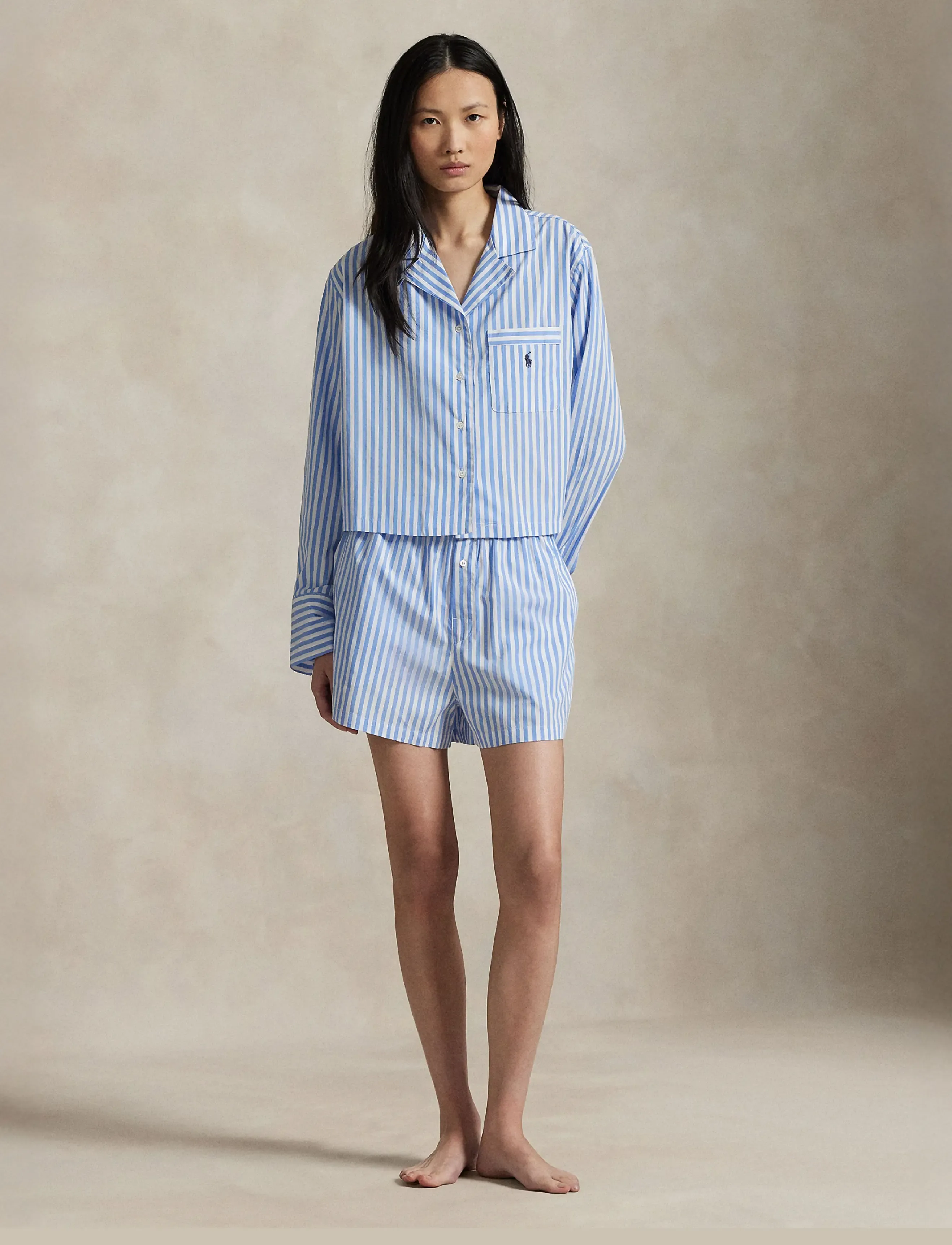 Polo Ralph Lauren Intimates Crop Top & Boxer Striped Cotton Pj Set, Kvinder, Stribet Pyjamas Sæt, Blå, Str: M