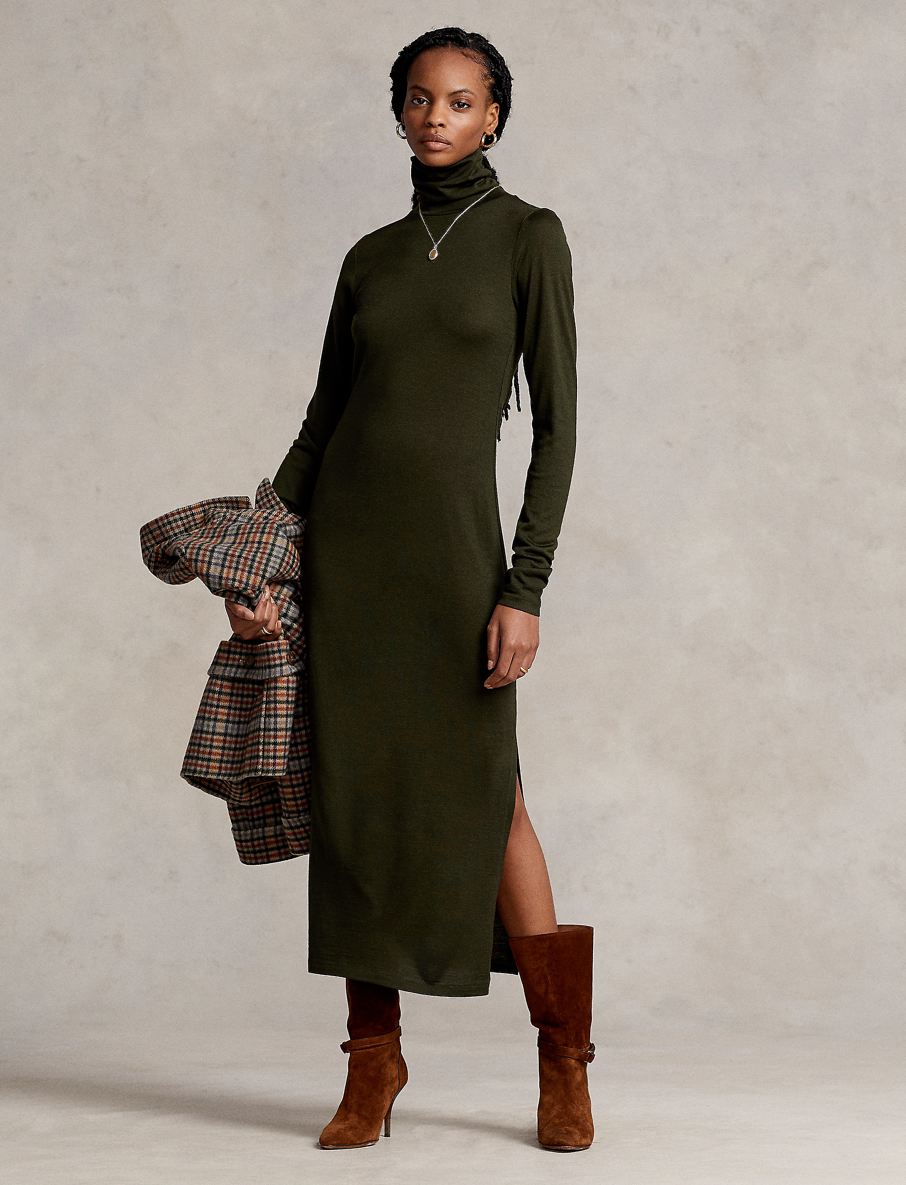 Polo Ralph Lauren - Belted Jersey Turtleneck Dress - estate olive - 2