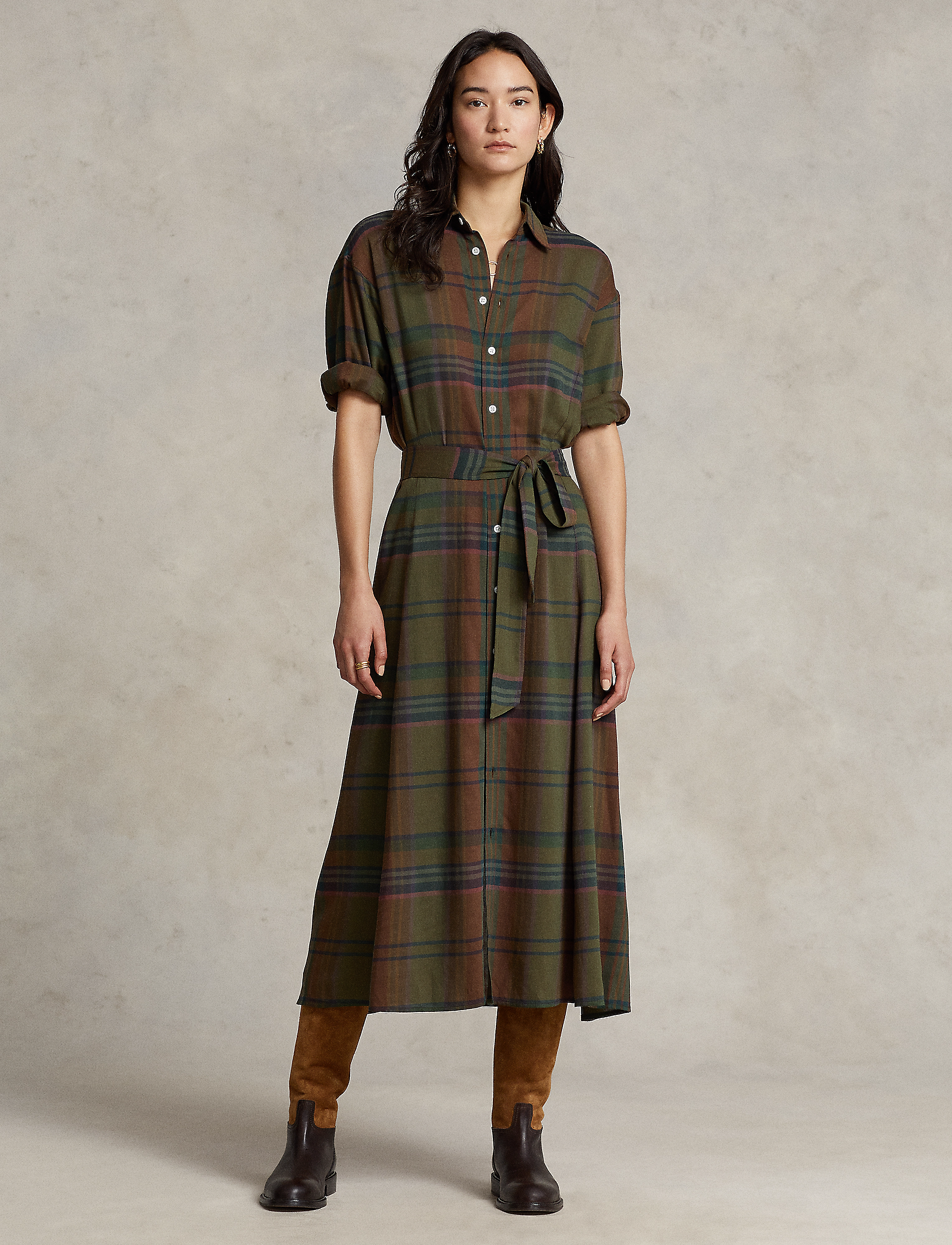 Polo Ralph Lauren - Plaid Cotton-Blend Belted Shirtdress - 1293 brown/olive - 2
