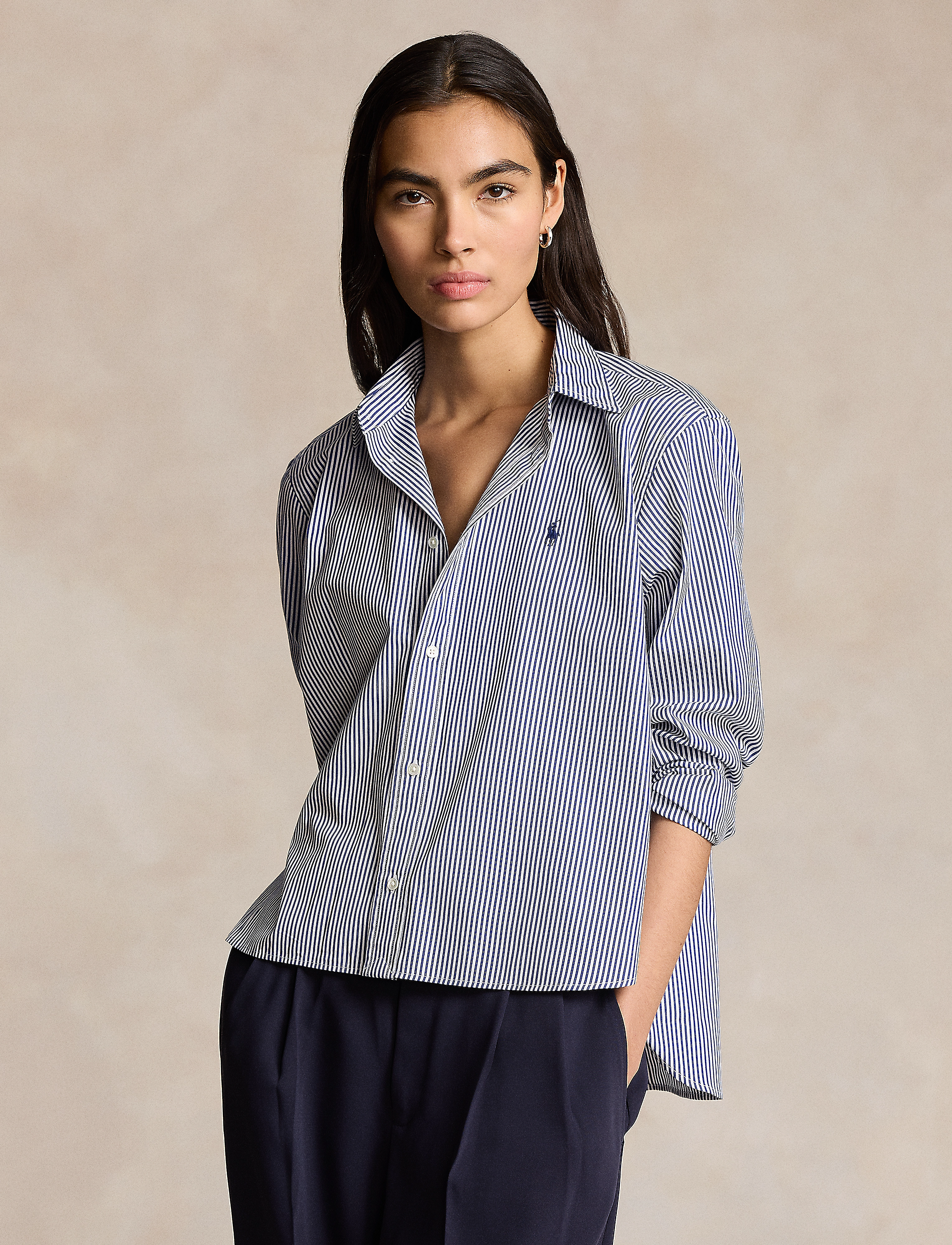 Polo Ralph Lauren Cropped Boxy Striped Cotton Shirt, Kvinder, Stribet Langærmet Skjorte Med Elastikkant, Navy, Str: M