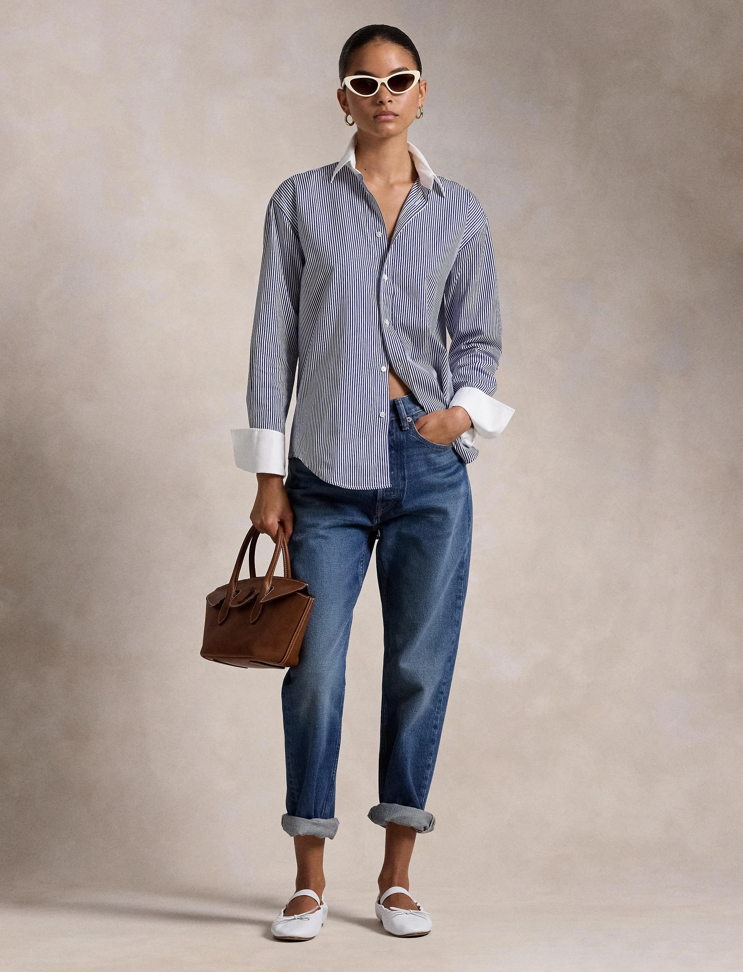Polo Ralph Lauren Extended-Cuff Striped Cotton Shirt, 32, Blue, Skjorter > Langærmede, Dame